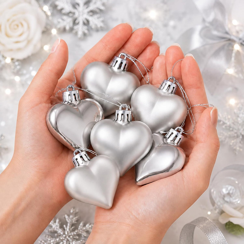 Set of 12 Silver Heart Ornaments for Christmas Valentine Tree Decorations, 1.8 inch Mini Valentines Ornaments for Small Tree, Heart Shaped Plastic Shatterproof Hanging Balls Holiday Party Decor
