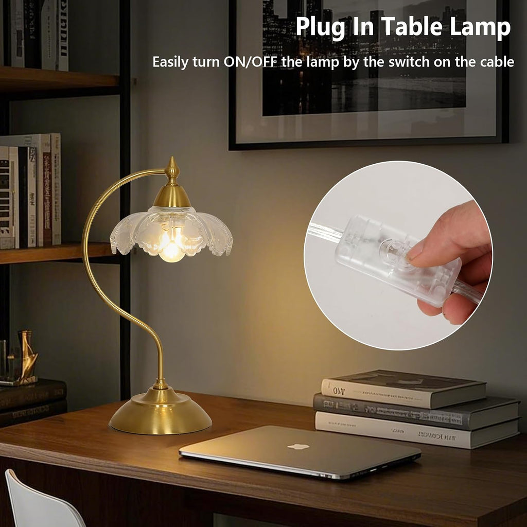 Glass Desk Lamp, Gold Table Lamps for Living Room, Brass Side Table Lamp with Clear Flower Shade, Desk Lamps for Home Office, Mid Century Modern Nightstand Lamp, Vintage Beside Lamp for Bedroom Decor