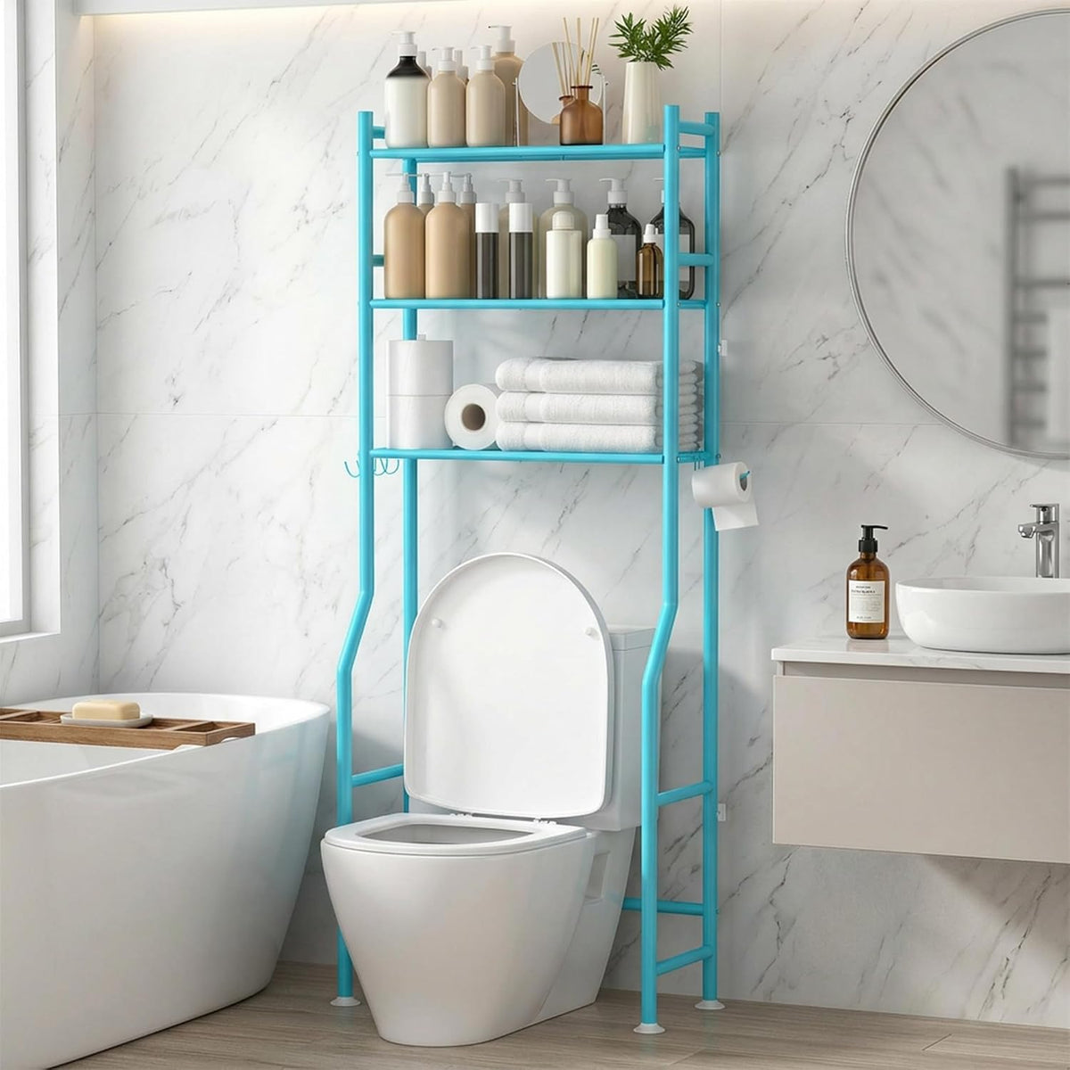GloTika 3-Tier Over Toilet Storage Cabinet, No Drilling, 64" H, Blue