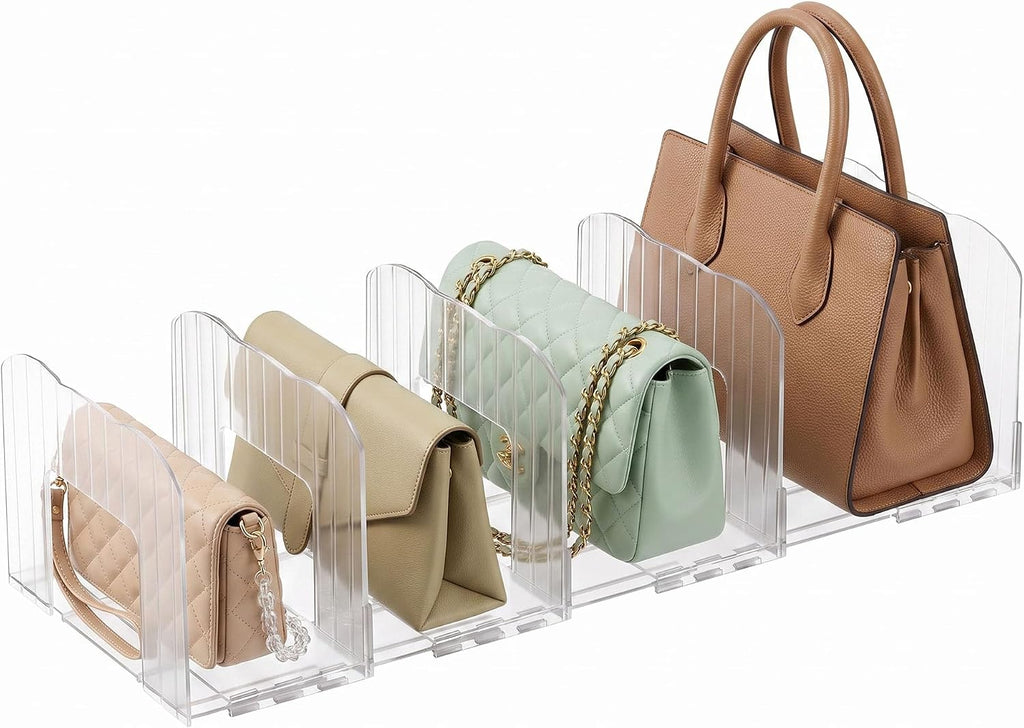 Glxgow 4 Pack Adjustable Acrylic Purse Organizer for Closet Shelf, Clear Handbag Storage Dividers, Detachable & Connectable Bag Organizer for Wallets, Clutches, Purses and Handbags