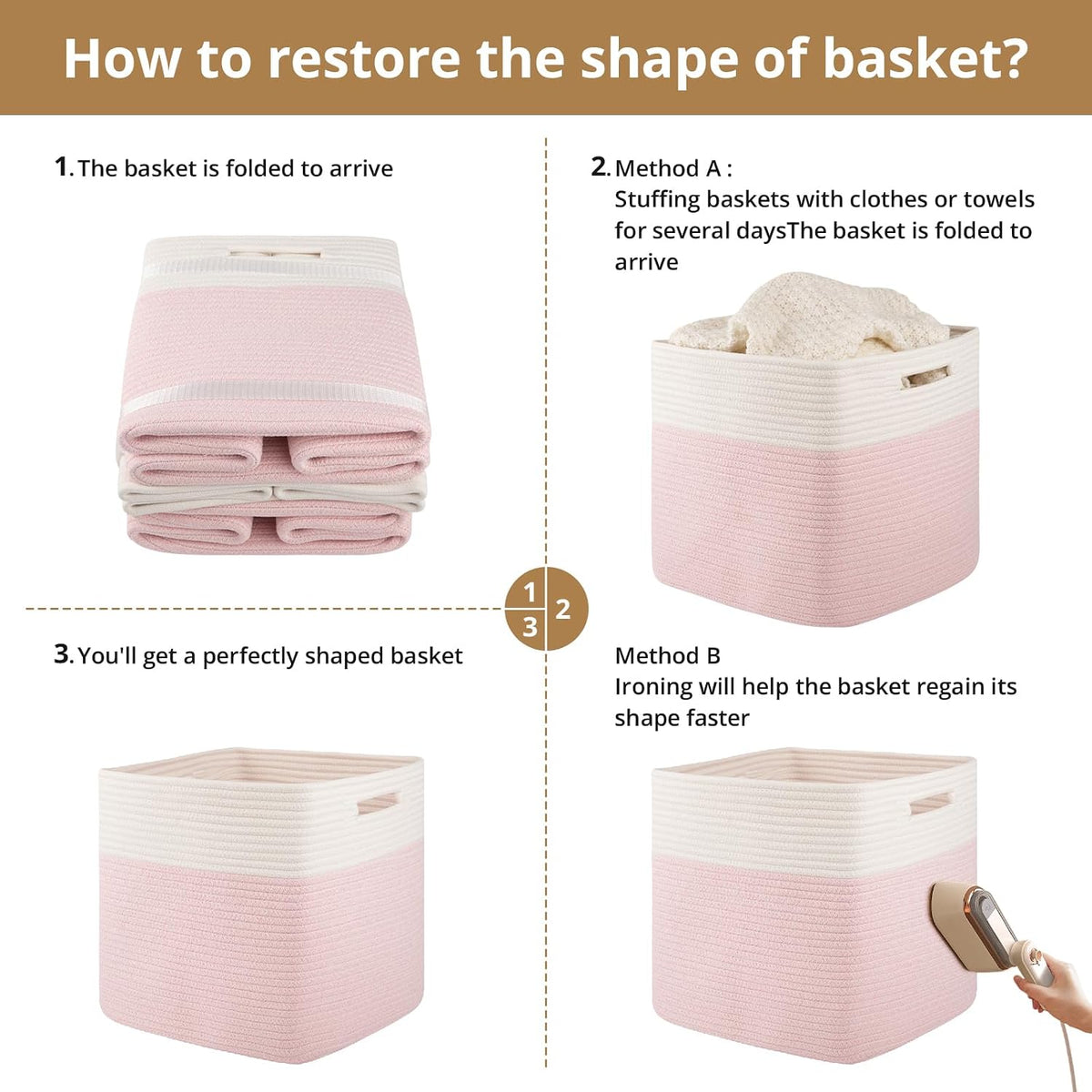 OIAHOMY 13 Inch Cube Storage Bins, 3-Pack Cotton Rope Woven Baskets for Organizing, Insert Storage Baskets for Shelves, Baby Nursery, Closet Organizer, 13 * 13 * 12.6IN, Pink & White