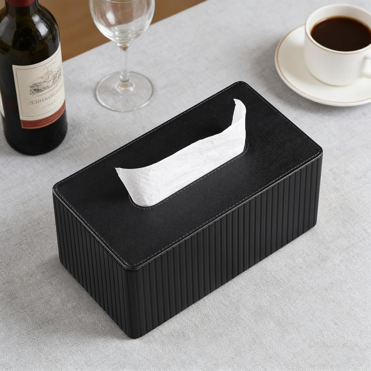 PU Leather Tissue Box Cover Rectangle (Black, Inner Height 3.9")