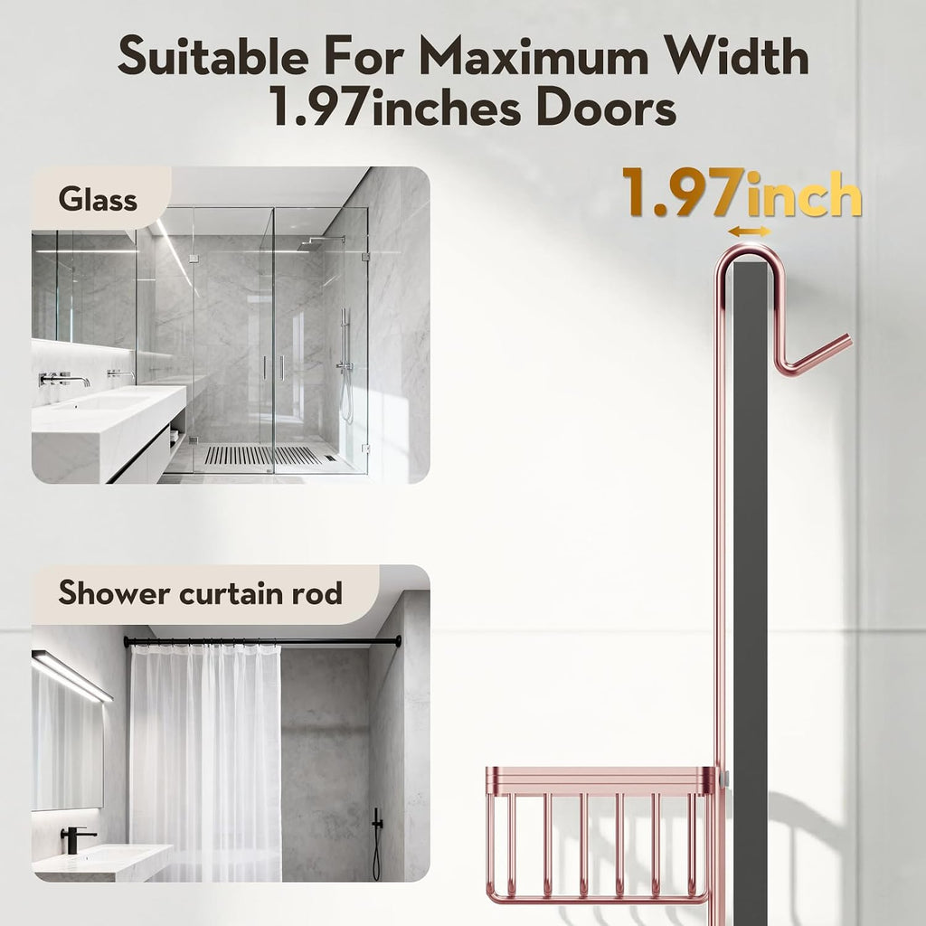Over the Door Shower Caddy Hanging With Double Soap Holder Never Rust Aluminum Shower Shelf With 4 Hooks Hanging Bathroom Organizer No Drilling Shelves for Bathroom Storage Pink