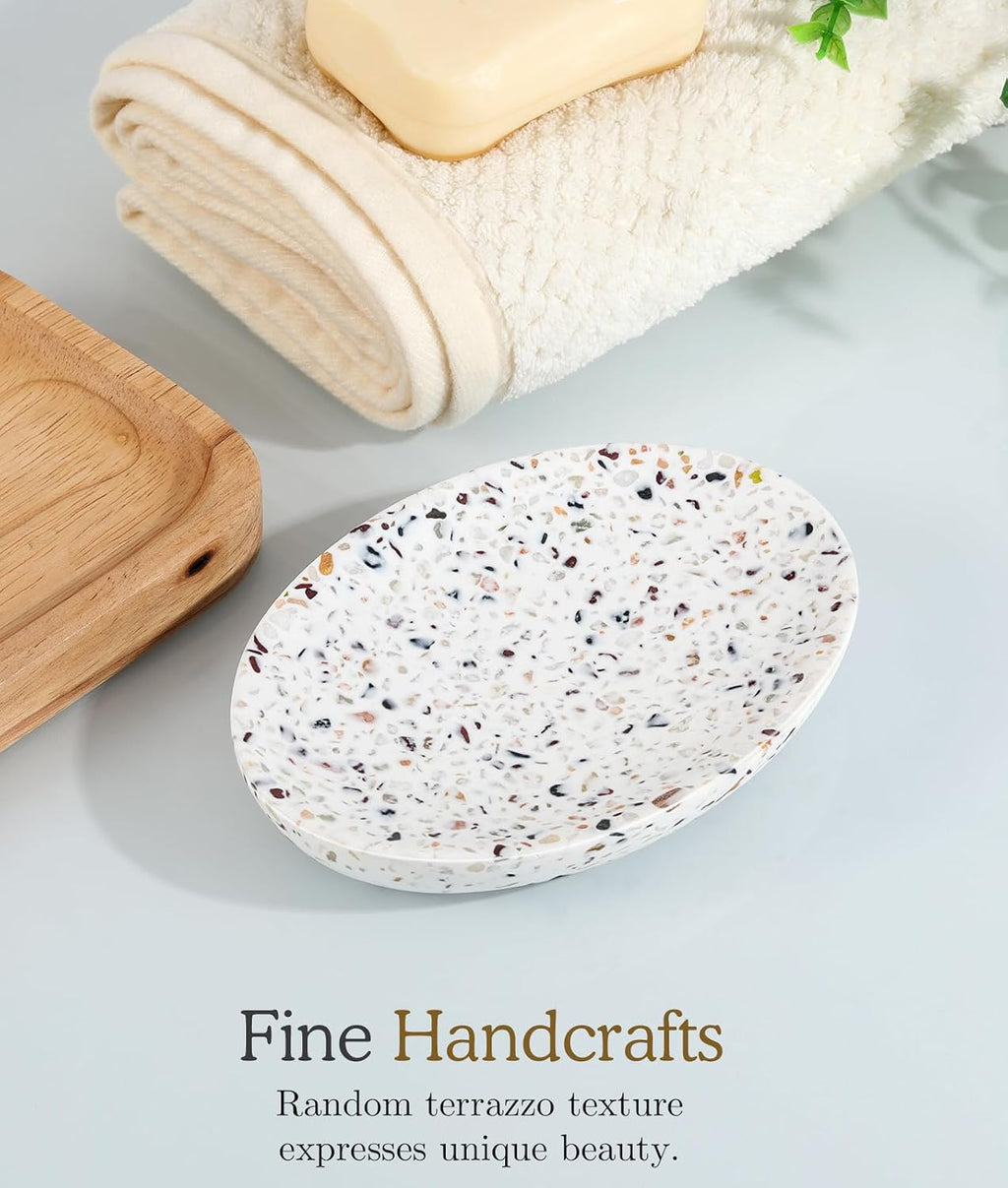 Luxspire Oval Soap Dish, Non-Slip Resin Holder with Drainage, Terrazzo