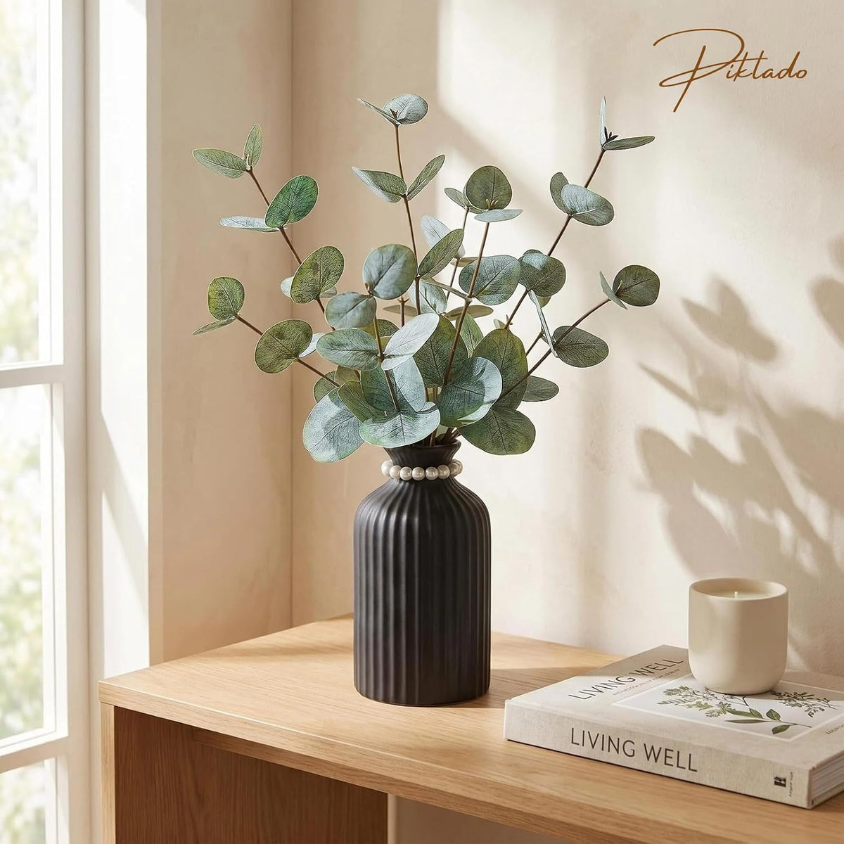 Artificial Eucalyptus Stems in Vase, Faux Plants with Frosted Ceramic Vase, Nordic Style Fake Green Plants with Bottle Set for Home Decor Indoor Centerpiece (Green Eucalyptus with Black Vase)