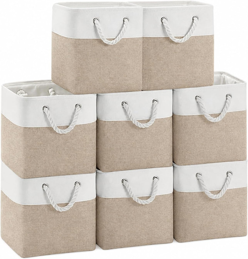 11x11 Inch Cube Storage Bins, 8 Pack Collapsible Fabric Storage Cubes with Rope Handles, Waterproof Foldable Storage Baskets for Cube Shelves, Closet, Clothes, Toys, Books, White & Beige Gold