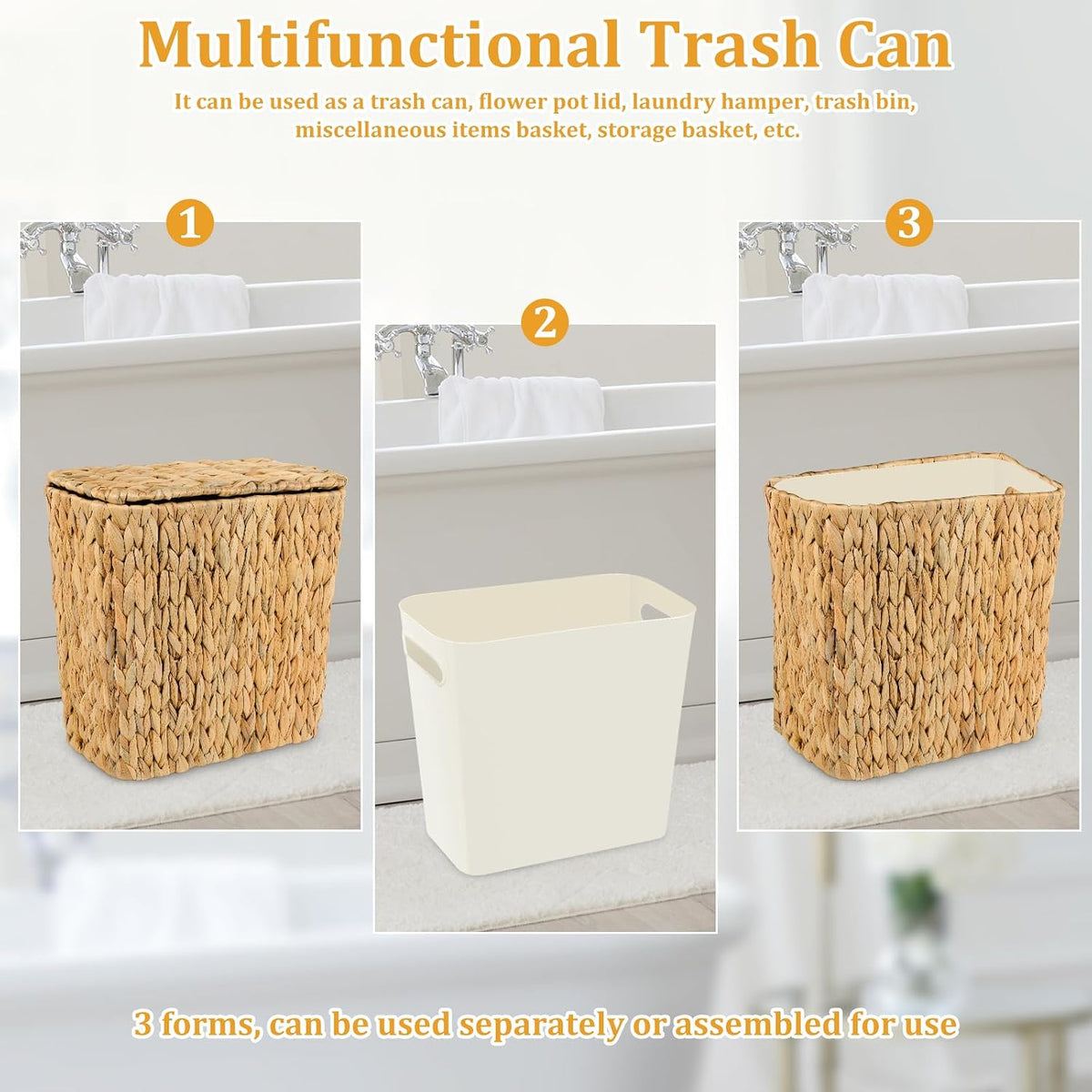 Wicker Trash Can with Lid and Liner, Handwoven Wicker Waste Basket, Water Hyacinth Bathroom Trash Can, Boho Rattan Garbage Wastebasket for Bedroom Home Living Room Office Kitchen, 2.5 Gallon