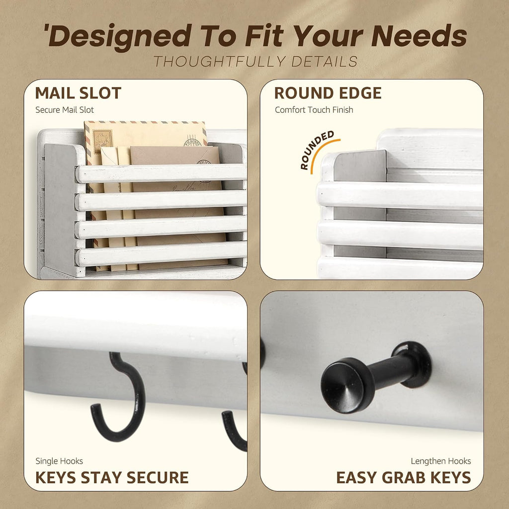 Rebee Vision Key Holder Wall Mount with Mail Slot for Hoom Decor, White