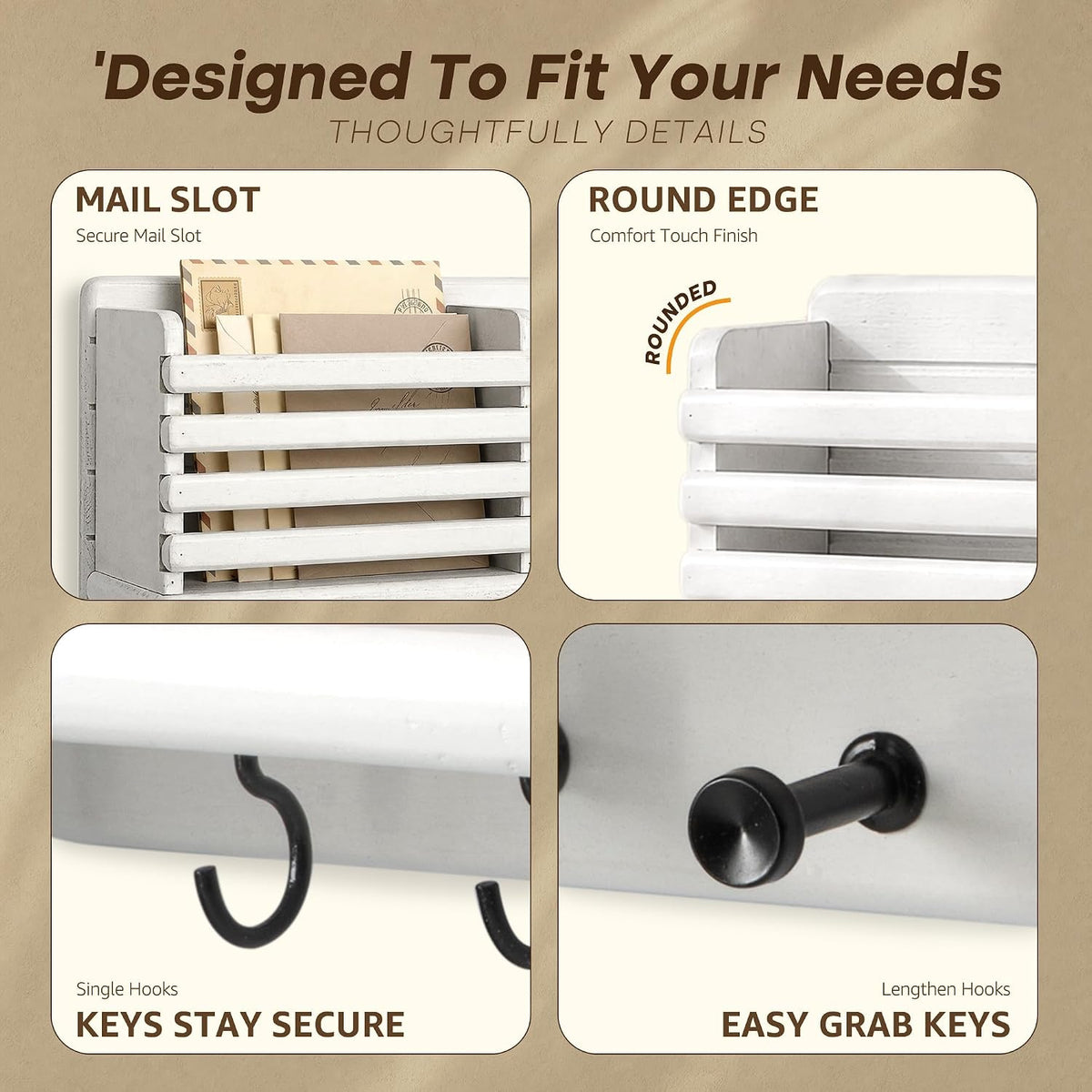 Rebee Vision Key Holder Wall Mount with Mail Slot for Hoom Decor, White