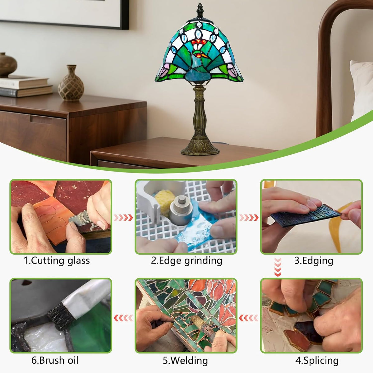 Small Tiffany Style Lamp,Green Peacock,3 Color Temperature,8 Inch