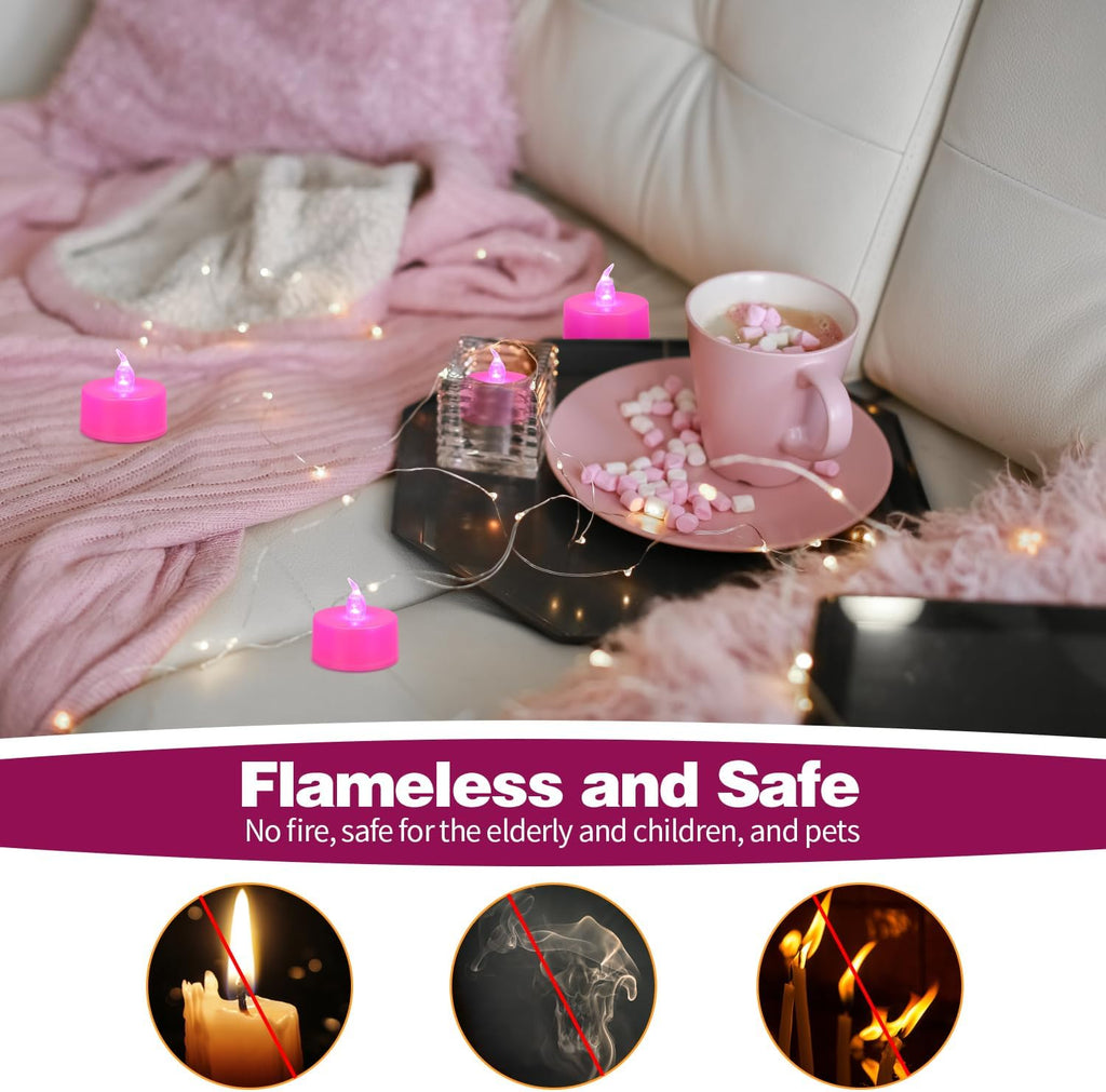 KOABY 24 Pack Pink Light Flameless Tea Lights, Pink Base, Last 100H
