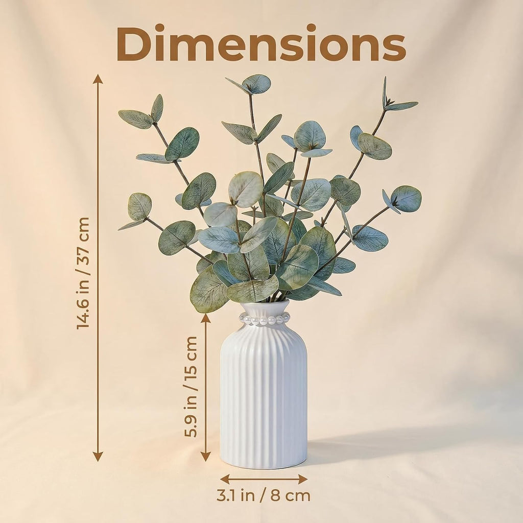 Artificial Eucalyptus Stems in Vase, Faux Plants with Frosted Ceramic Vase, Nordic Style Fake Green Plants with Bottle Set for Home Decor Indoor Centerpiece (Green Eucalyptus with White Vase)