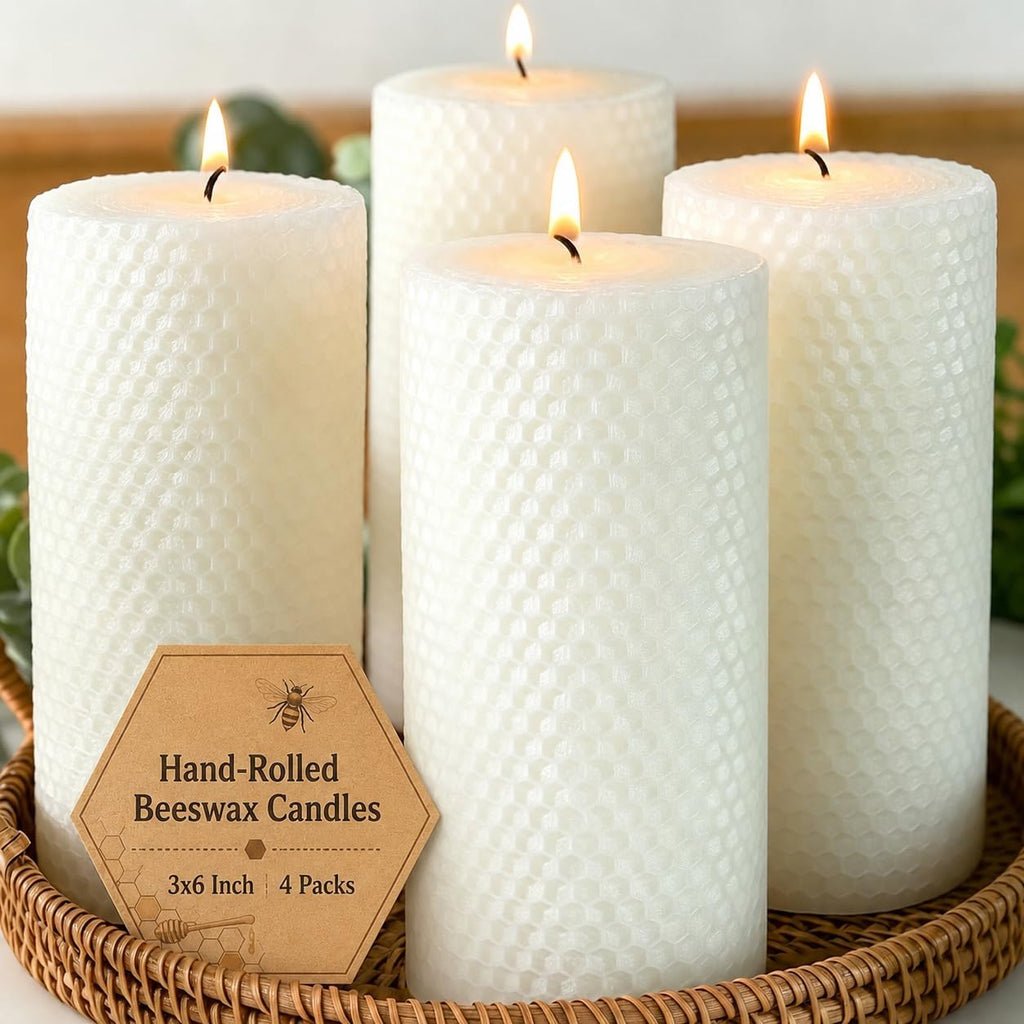 Beeswax Pillar Candles 3x6 Inch 4 Pack, Honeycomb Decor