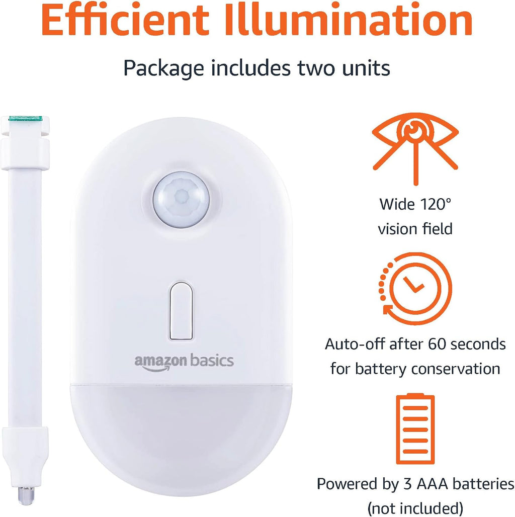 Amazon Basics Color Changing LED Toilet Bowl Motion Sensor Light, Battery Operated, Auto-off After 60 Seconds, 15 ft Detection Range, 2 Pack, White