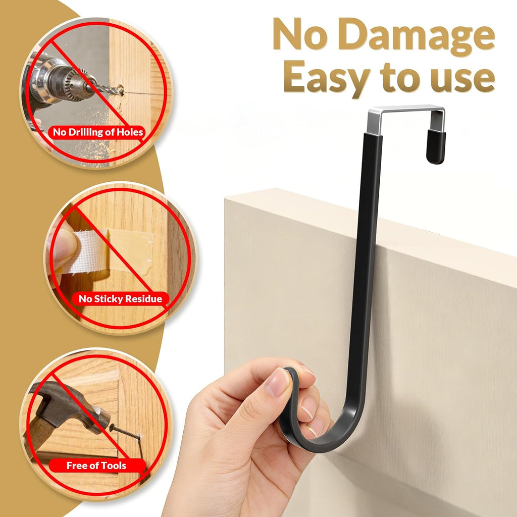 Over the Door Hooks, 4 Pack Heavy Door Hanger Hooks with Non-Slip Rubber, Over Door Hanger for Towels, Coats, Bags, Space Saving Door Coat Hanger for Living Room,Bathroom, Bedroom (Black, Long)