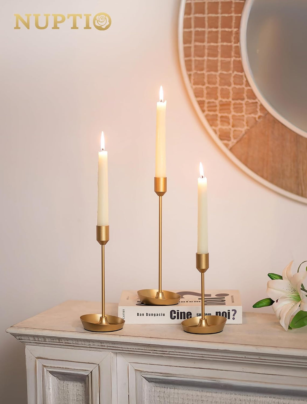 NUPTIO Taper Candle Holders for Centerpiece: Matte Gold Candlestick Holder