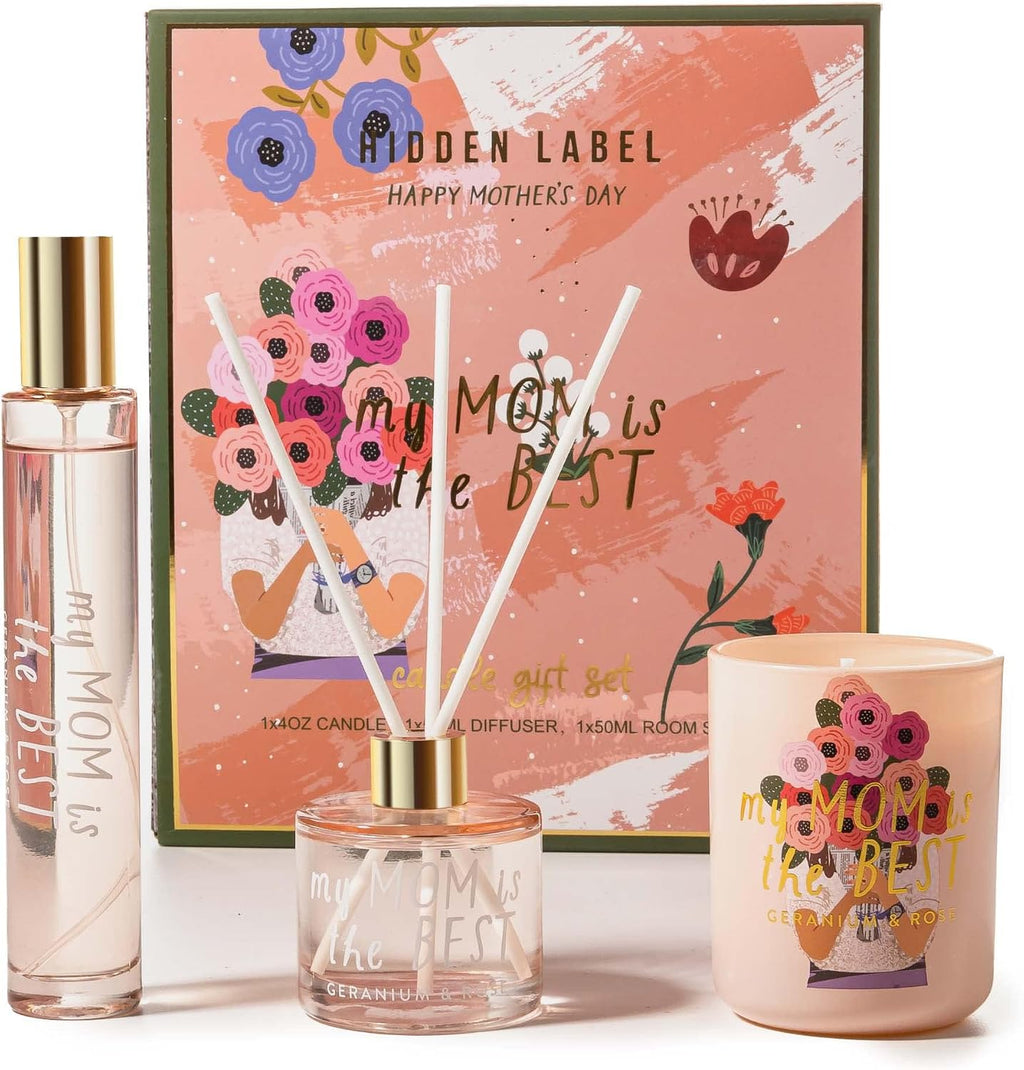 Hidden Label Soy Candle Set: Geranium & Rose 'Best Mom' Gift with Reed Diffuser & Room Spray