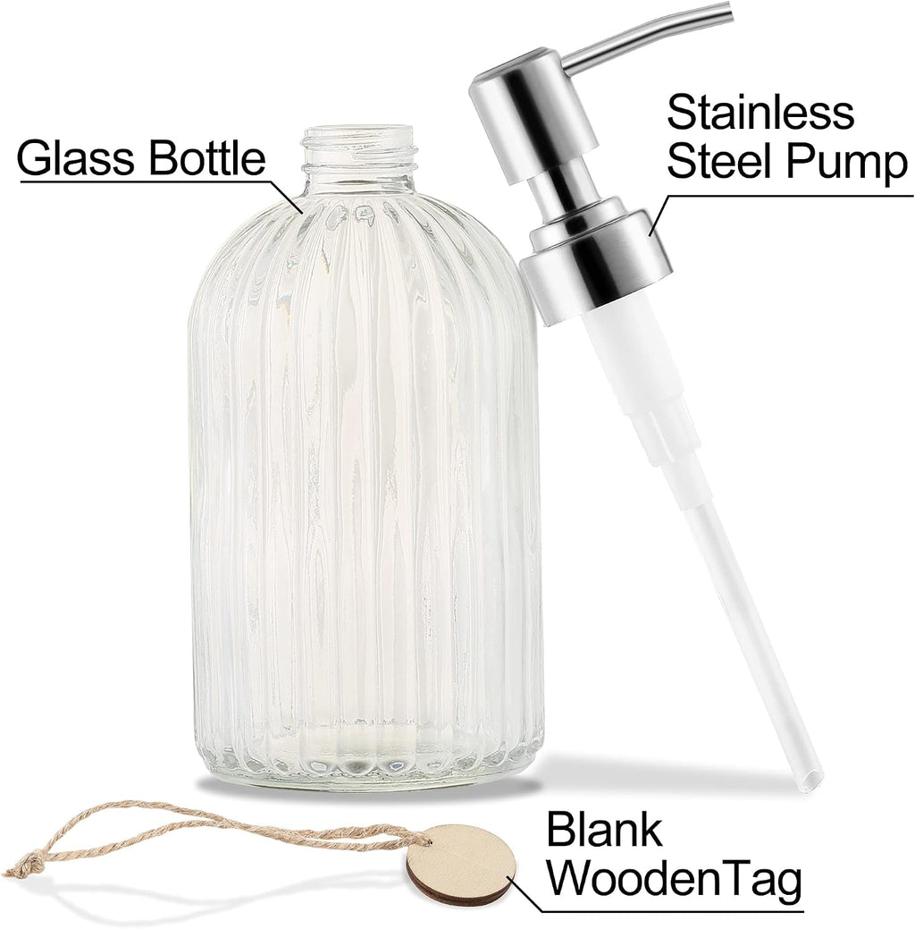 MOCLIF 16 OZ Soap Dispenser，Tempered Glass Clear Vertical Stripe with 304 Rust Proof Stainless Steel Pump Refillable Liquid Hand Soap Dispenser，for Bathroom, Kitchen, Dish Soap，Lotion (Clear)