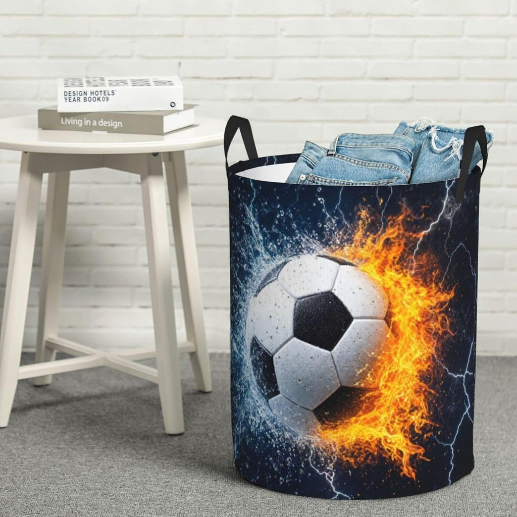 Soccer Ball In Fire And Water Round Laundry Hamper Sport Football Storage Basket Toys Clothes Organizer Bin For Home Bathroom Bedroom Dorm Nursery, 38l