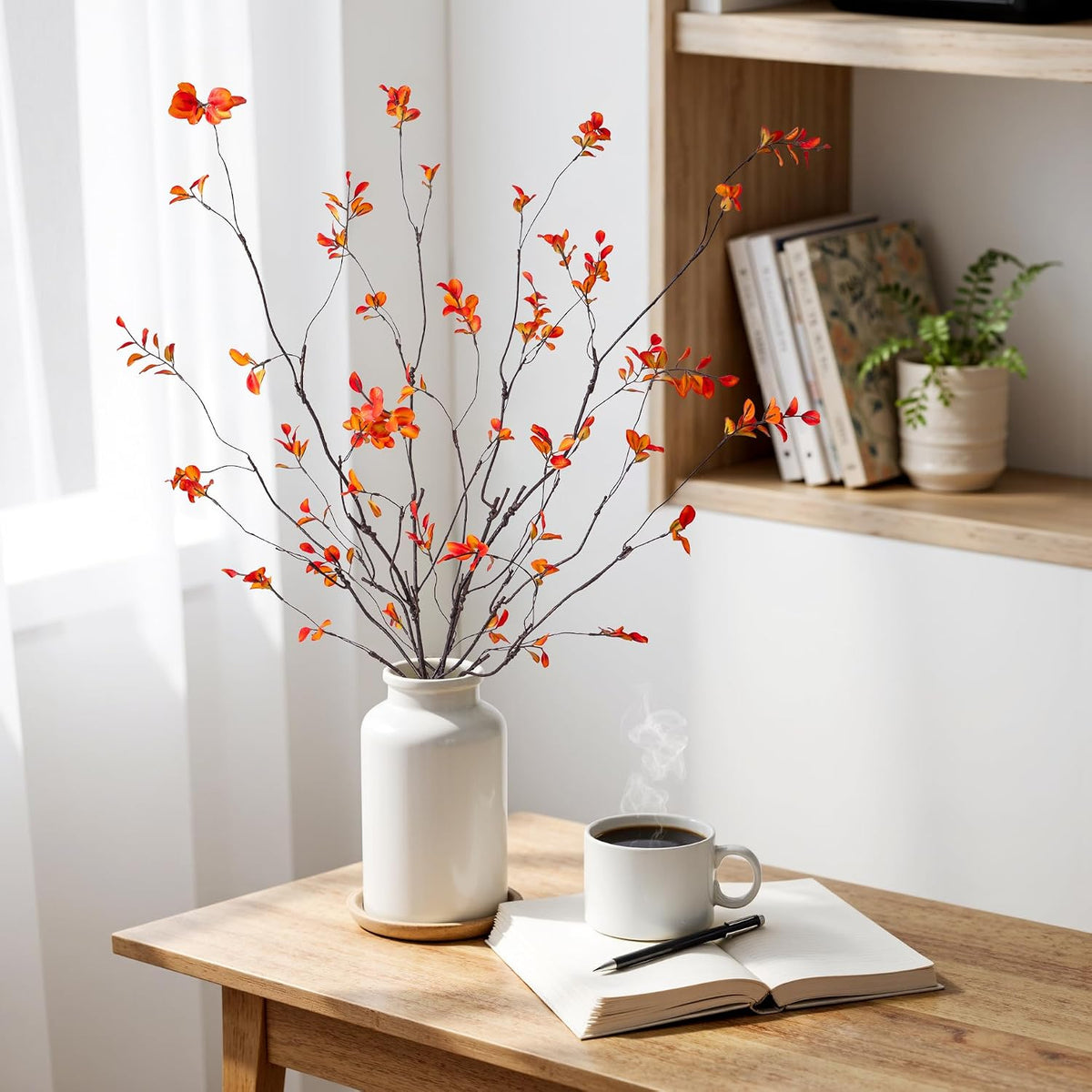 4PCS Artificial Orange Branches 47.2", Extra Long Faux Fall Stems for Tall Vase, Decorative Autumn Branches with Orange Leaves, Bendable Stems for Floor Vase Fall Home Decor