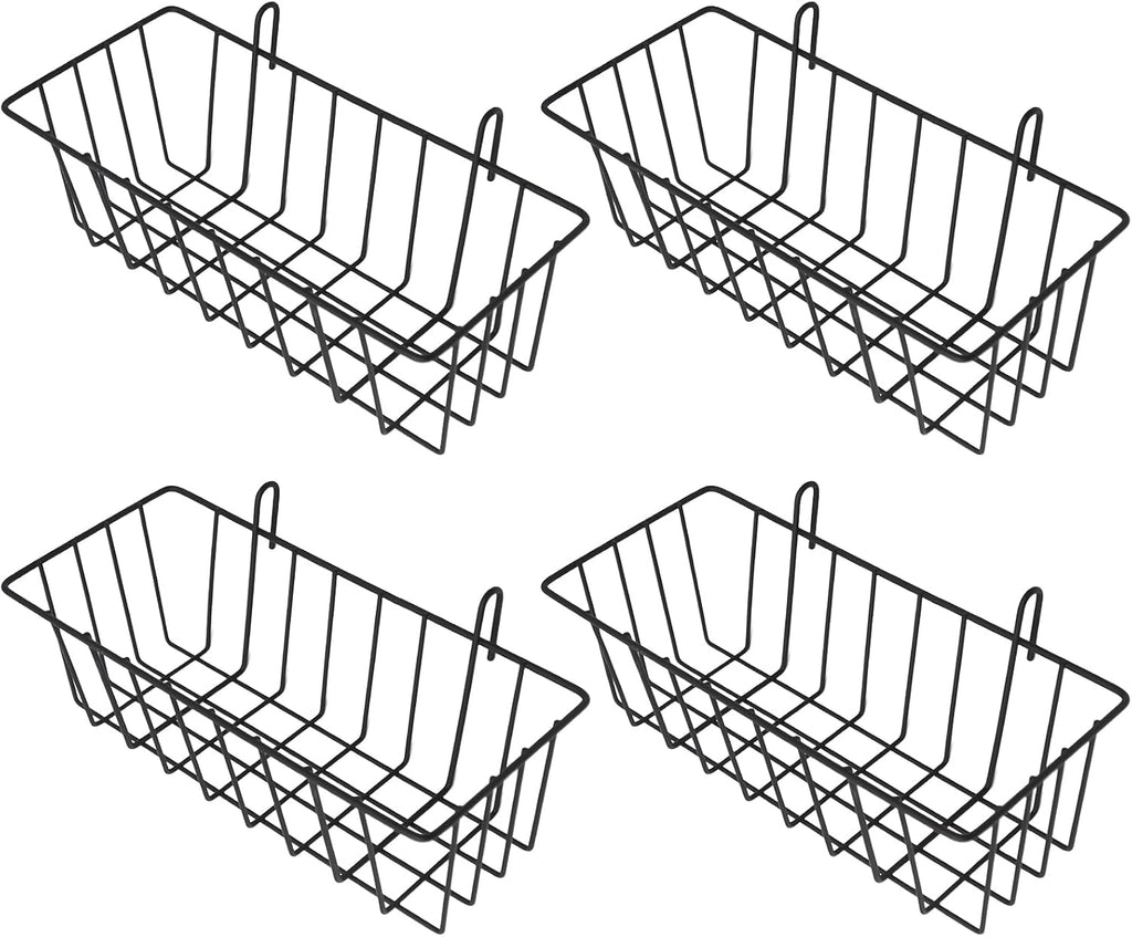 4 Pcs Gridwall Accessories 9"" x4 x3 Hanging Basket Wall Mounted Grid Plate Wire Basket for Kitchen Grid Plate Wall Mounted Storage Basket Black Metal Hanging Basket Organizer