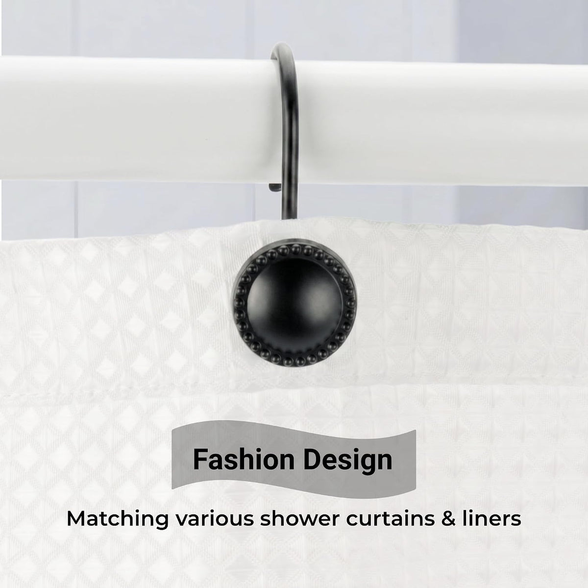 Shower Curtain Hooks,Rust-Resistant Decorative Rings,12-Pack,Black