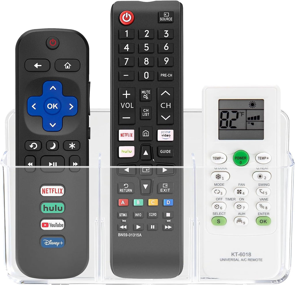 3 Slot Adjustable Remote Control Holder Wall Mount, TV Remote Box Hollow Bottom Slot Easy Phone Charging, Self Adhesive Remote Holder,Wall Pen Holder Storage for Home Office School (Clear)