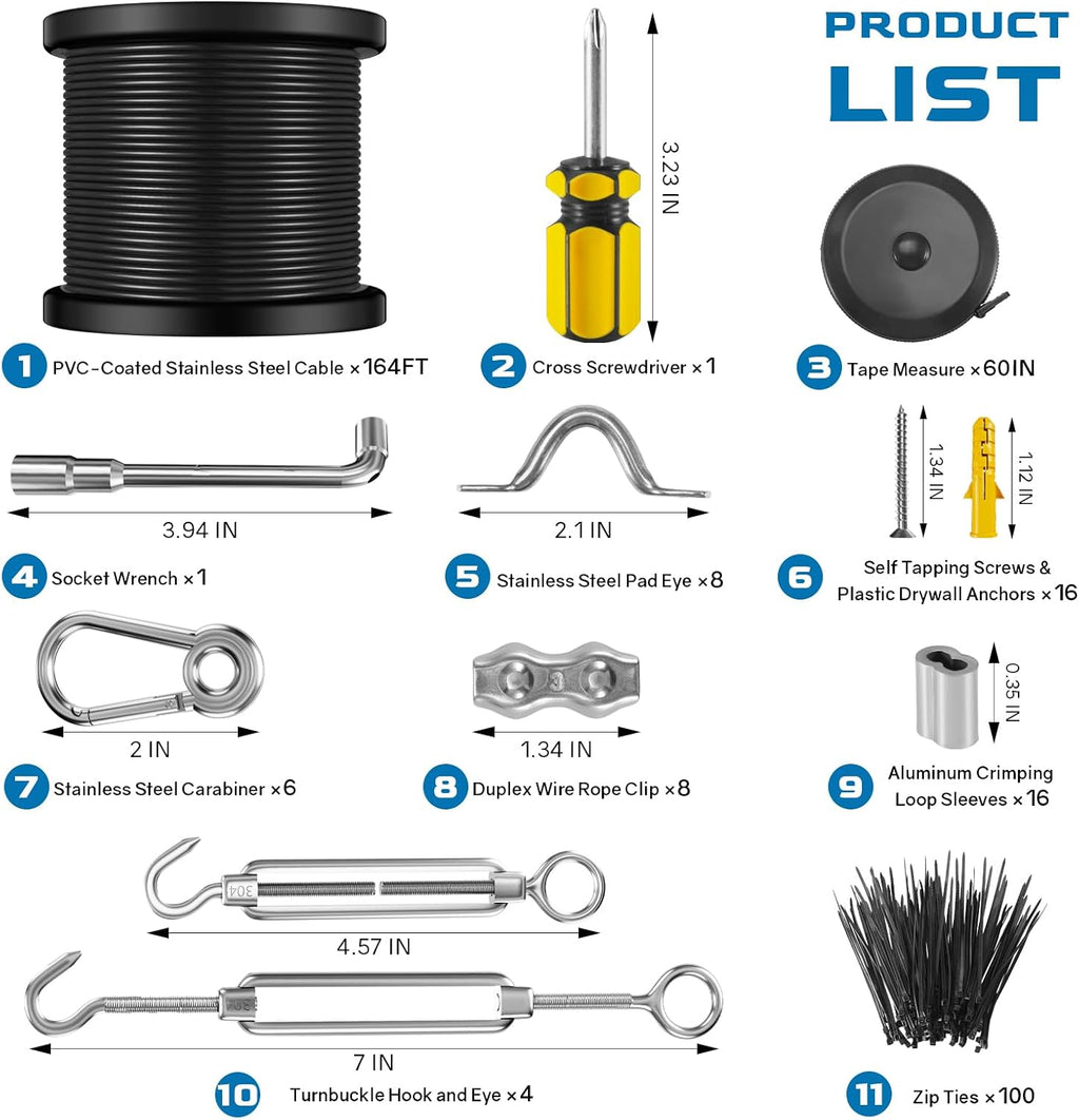 NEREUS String Light Hanging Kit with 164FT Black Vinyl Coated Wire Rope