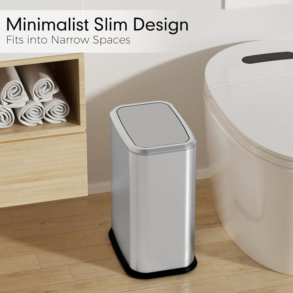 Bathroom Trash Can with Lid 8L/2.1 Gallon Silver Trash Can Small Garbage Can with Swing Top Lid Slim Stainless Steel Garbage Can with 100 Counts Trash Bags for Bathroom Bedroom Kitchen Office Toilet
