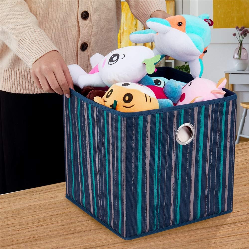 11x11x11 Inch 3 Pack Cube Storage Bins, Blue Fabric Storage Cubes with Teal & Khaki Vertical Gradient Stripes, Collapsible Cloth Storage Bins for Shelves Closet Cubbies