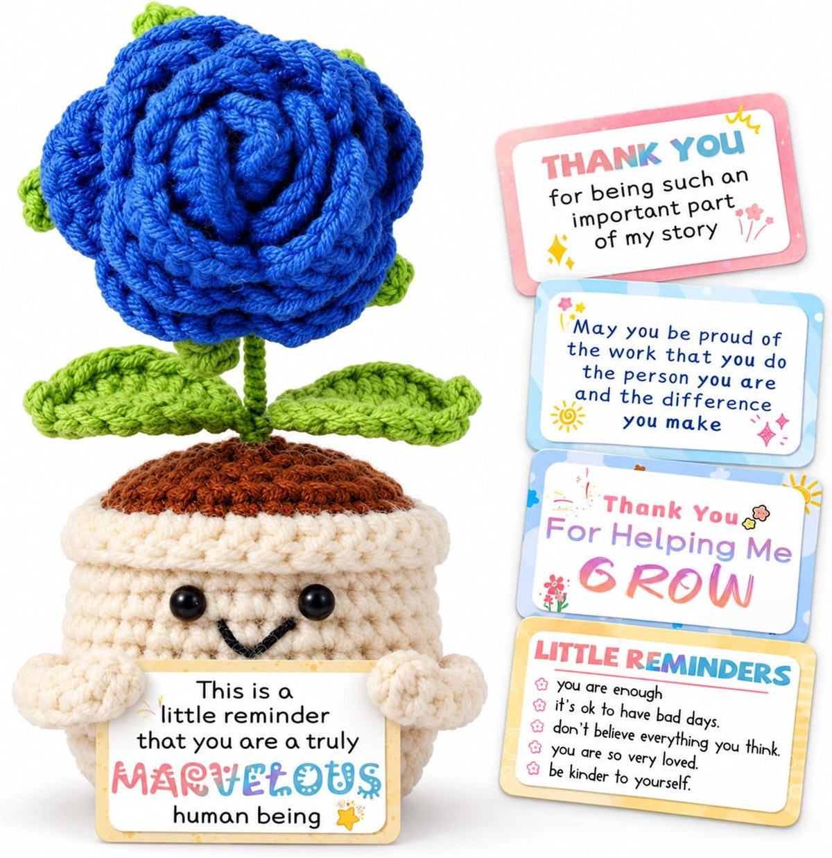 Emotional Support Crochet Positive Rose Flower Inspirational Gifts for Men, Father's Day Birthday Thank You Gifts from Son Daughter Handmade Knitted Plant w/Card for Desk Decor