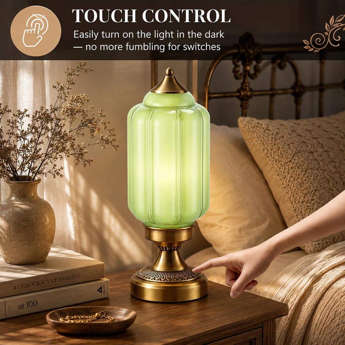 Vintage Brass Table Lamp with Green Milk Glass Shade