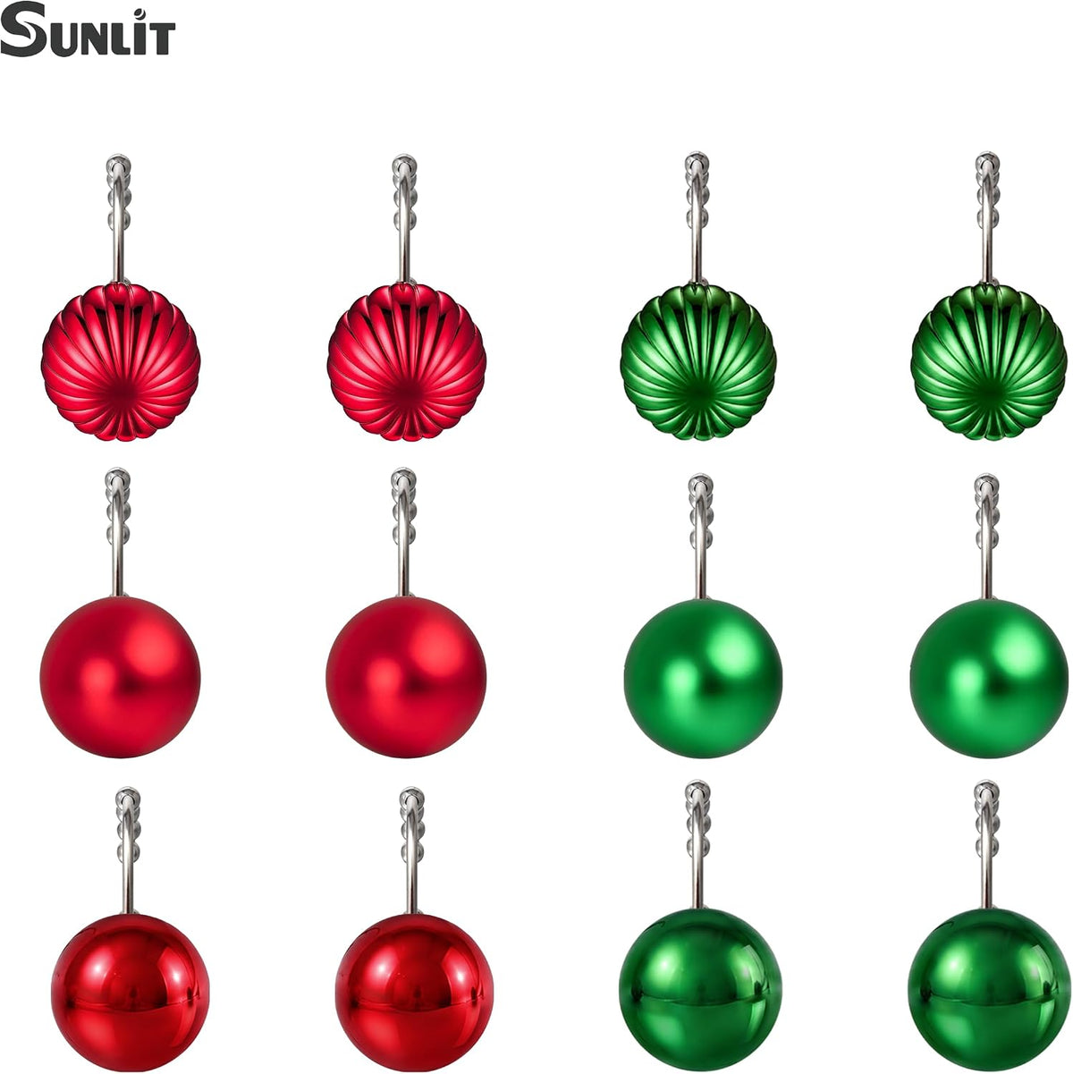 Sunlit Christmas Balls Decorative Shower Curtain Hooks, Shower Curtain Rings with Roller Balls, Xmas Theme Winter Holiday Bathroom Decoration, Set of 12, Red and Green