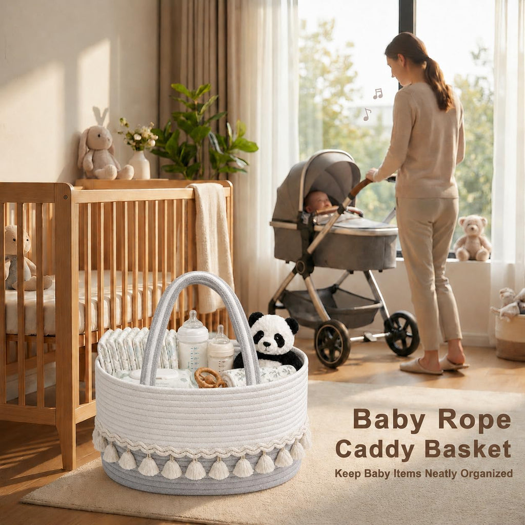 Cotton Rope Baby Diaper Caddy Basket with Handles, Grayish White