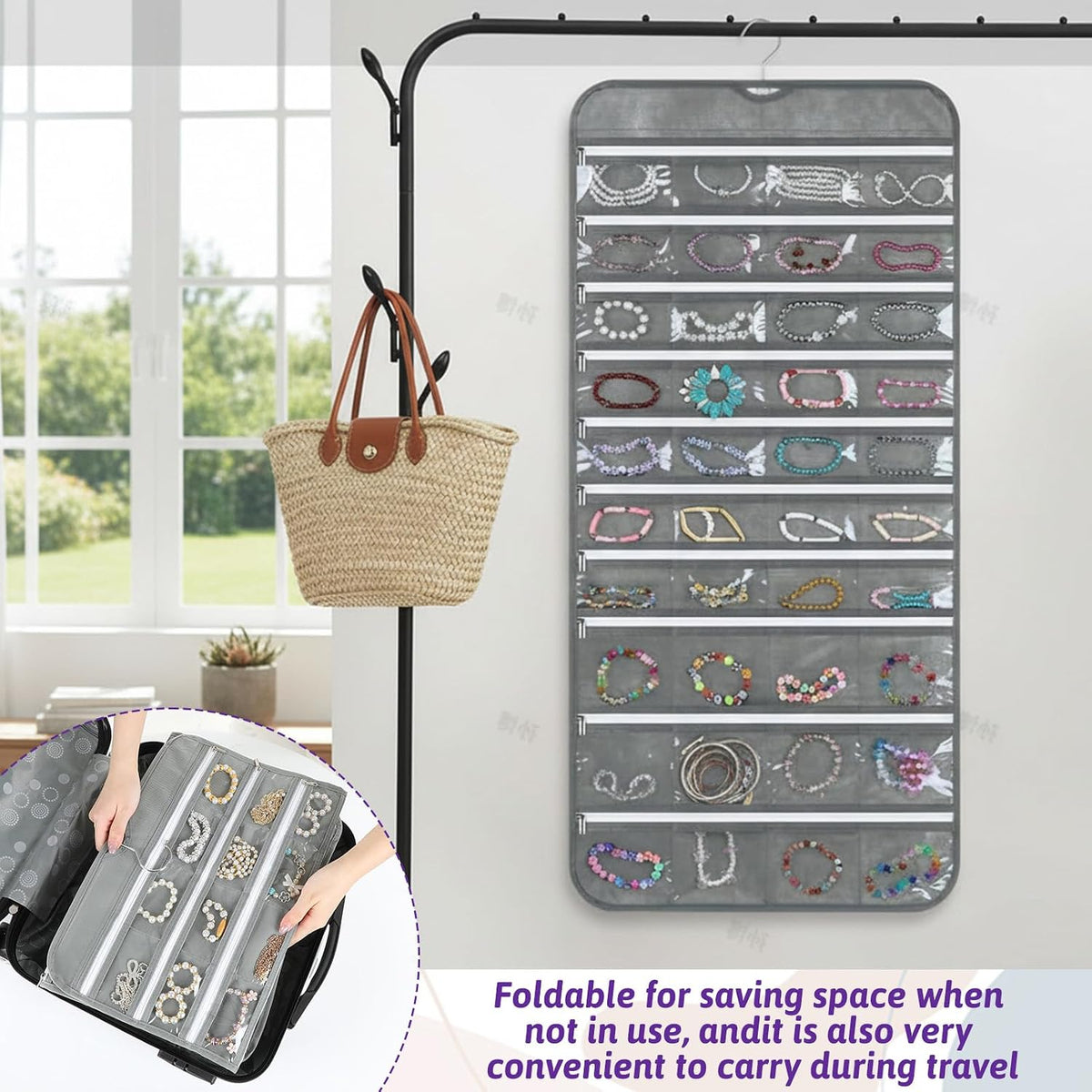 2 Pack Hanging Jewelry Organizer with 80 Zippered Pockets, Dual-Sided Dustproof Foldable for Travel, Accessories Organizer for Holding Jewelries, Earring Organizers and Storage