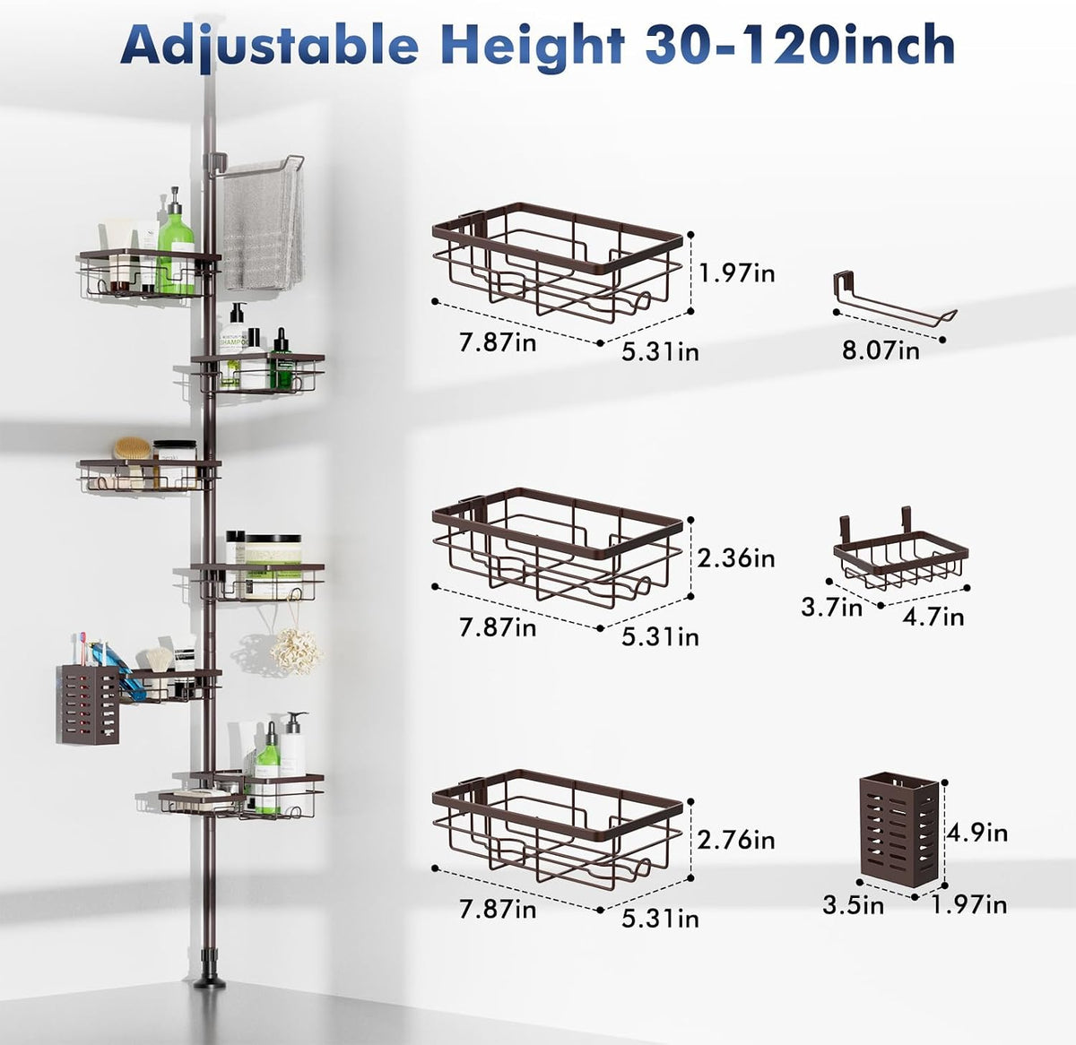 Corner Shower Caddy Tension Pole, Bathroom Organizer and Storage for Shower