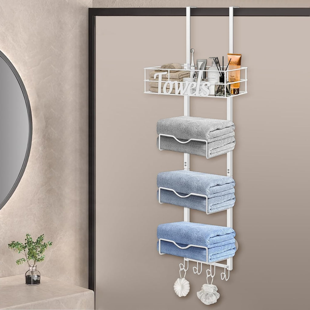 Over The Door Towel Racks, No Drill Towel Storage with Basket & Hooks, Space-Saving Multi-Functional Towel Holder for Bathrooms, bedrooms, Apartments, RVs (White, 5 Tier)