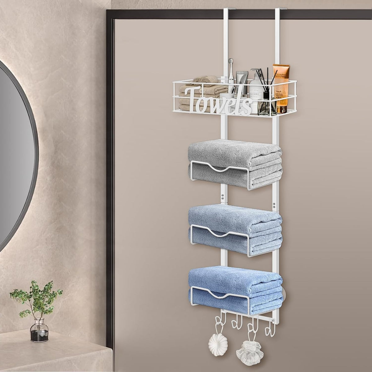Over The Door Towel Racks, No Drill Towel Storage with Basket & Hooks, Space-Saving Multi-Functional Towel Holder for Bathrooms, bedrooms, Apartments, RVs (White, 5 Tier)