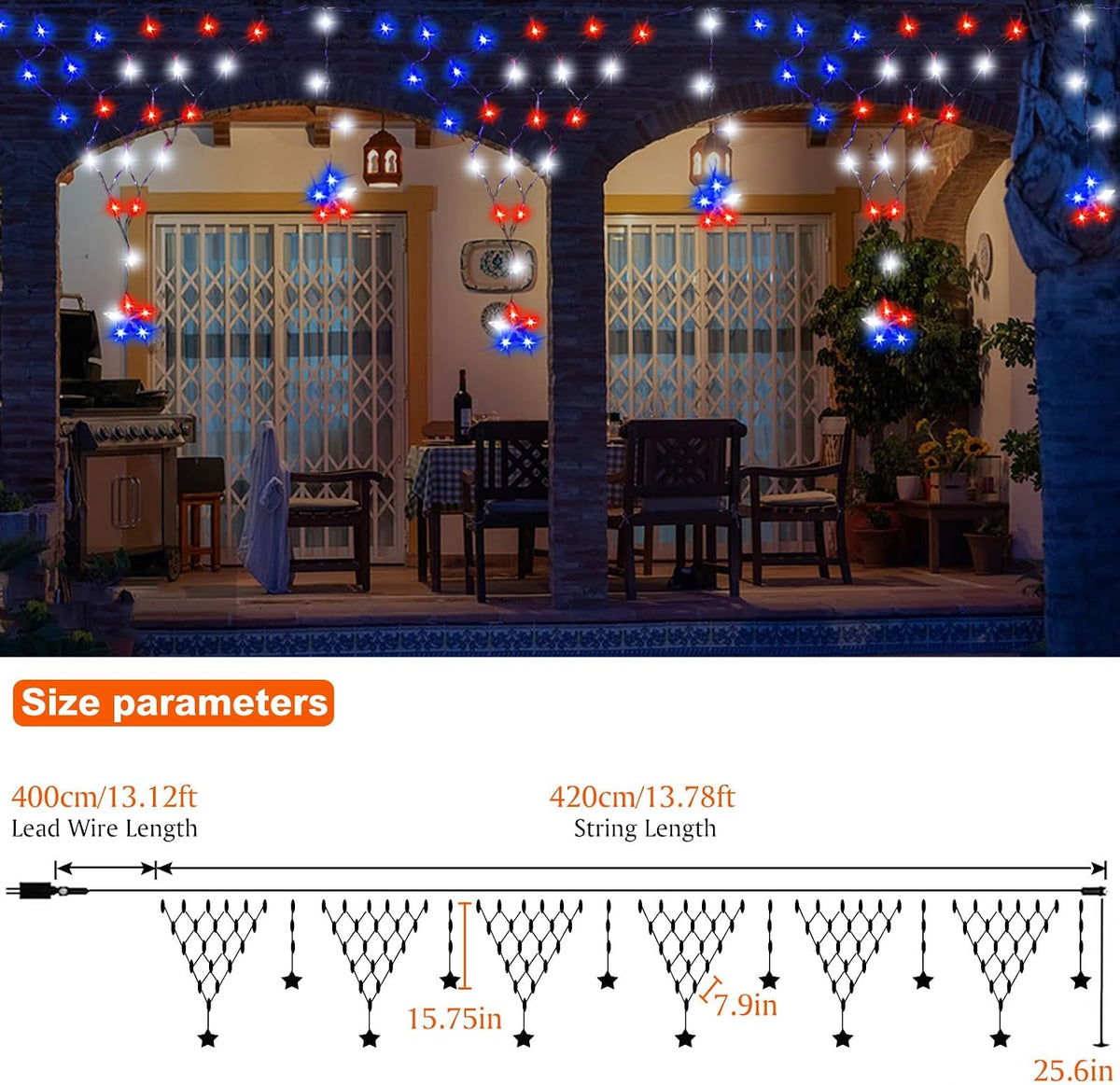 DANLI 4th of July Lights 13.8ft 200 LED Red White Blue Net Lights with 12 Stars,8 Modes Curtain Lights with Remote Timer,Dimmable & Waterproof for Outdoor Decorations Balcony Porch Fence Window