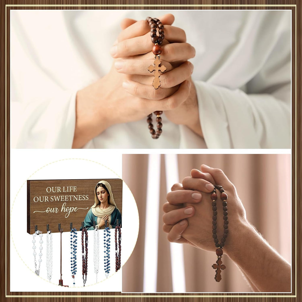 Chunful 2 Pcs Rosary Holder Wall Mounted with 16 Hooks Wooden Rosary Hanger