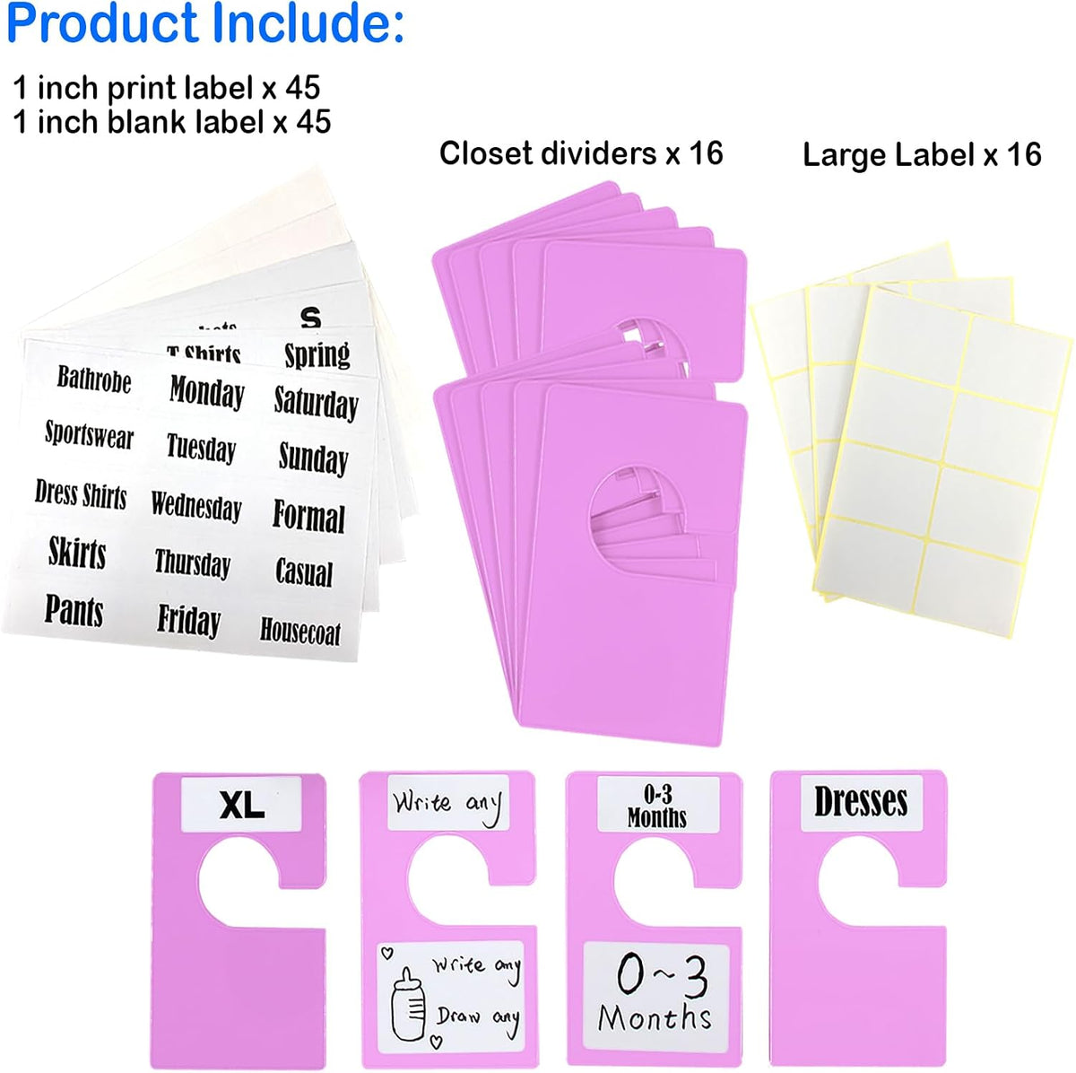 16 Pack White Clothing Rack Size Dividers Plus 45 Labels (1 Inch) and 18 Large Blank Labels, Large Rectangular Clothing Closet Dividers (Purple)