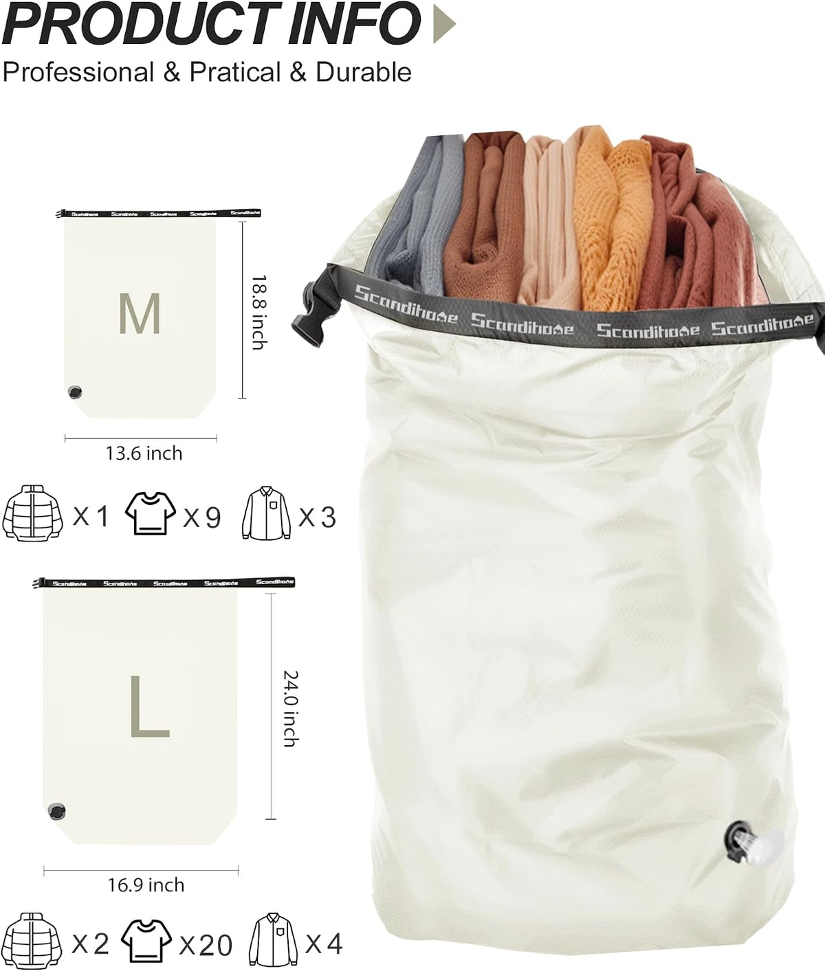 Compression Travel Laundry Bag for Dirty Clothes, Pump-Free Laundry Bag for Suitcase & Dorm, Waterproof Wet Dry Clothes Organizer, Large Capacity Space Saving Travel Bag (1 Pcs)(White, M)