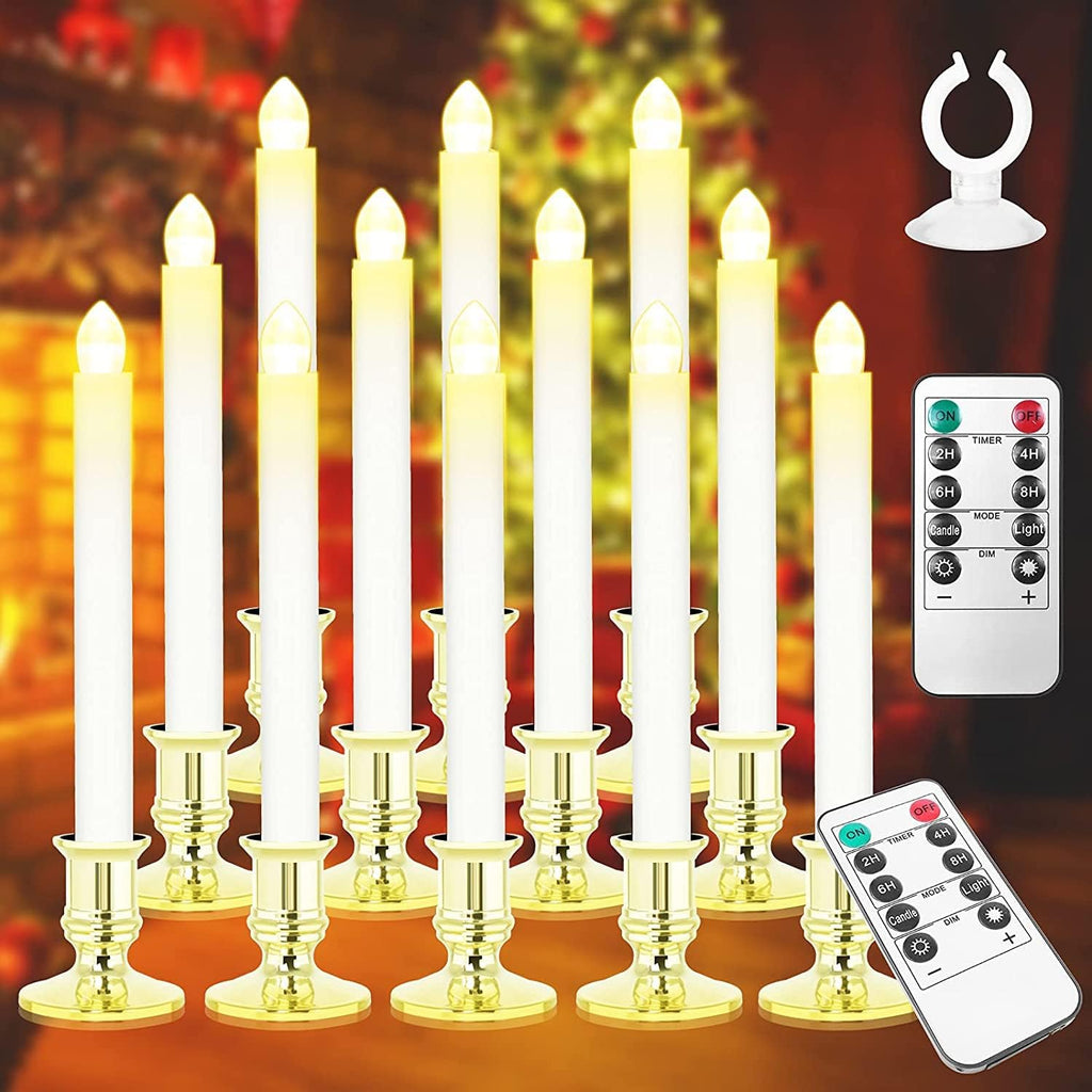 Window Candles 12 Pack Battery Operated Candle with 2 Remote Controls Timer Flameless Taper Candles Removable Golden Holder and Suction Cup for Christmas Decorations