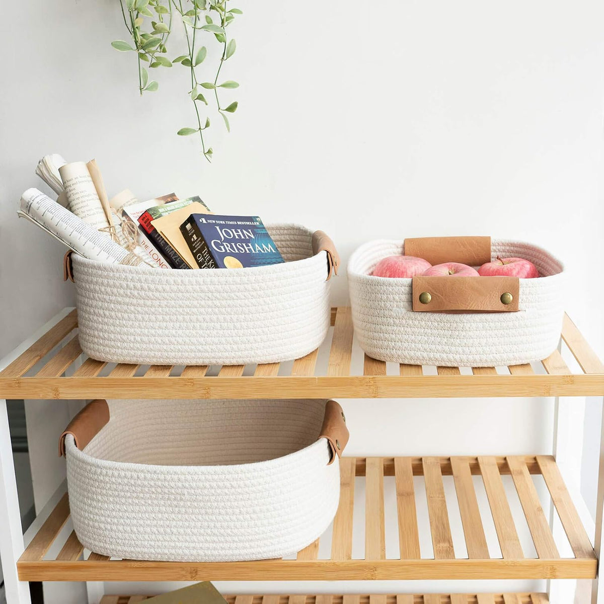 CHICVITA 3 Pack Woven Rope Gift Basket with Leather Handles, White