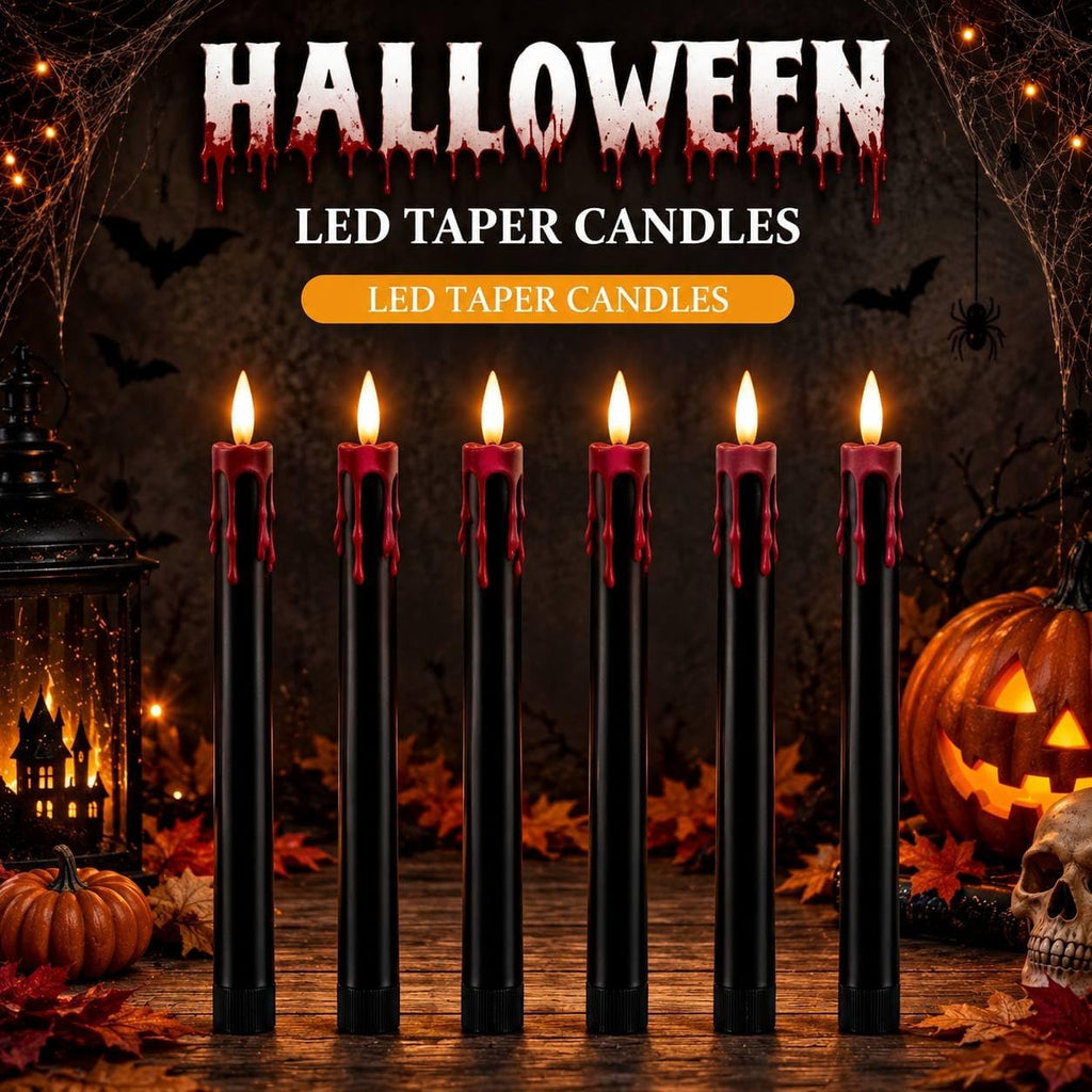 Dusk&Decorum 6 Pack Halloween Tapered Candles with Remote, Black Halloween Flameless Candles with Red Dripping Wax, Battery Operated LED Halloween Candles for Table, Mantel & Indoor Decor