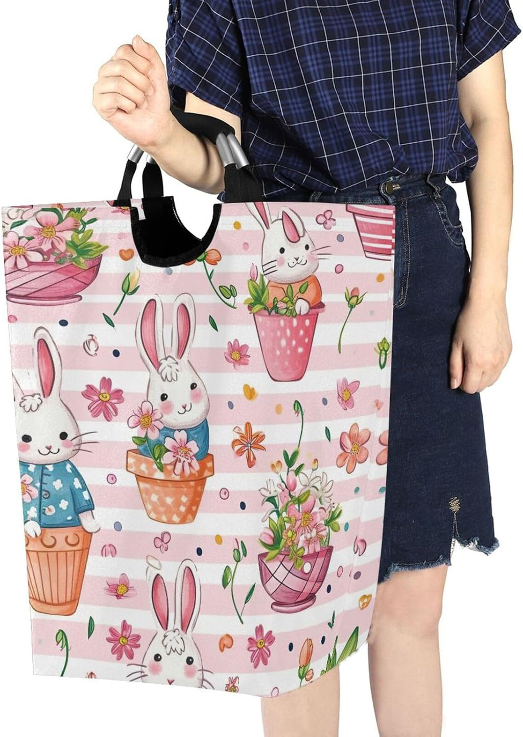 Nander Cute Bunny Laundry Hamper Oxford Cloth Fabric Laundry Basket Collapsible Storage Bin with Aluminum Circle Handles, Waterproof Inner
