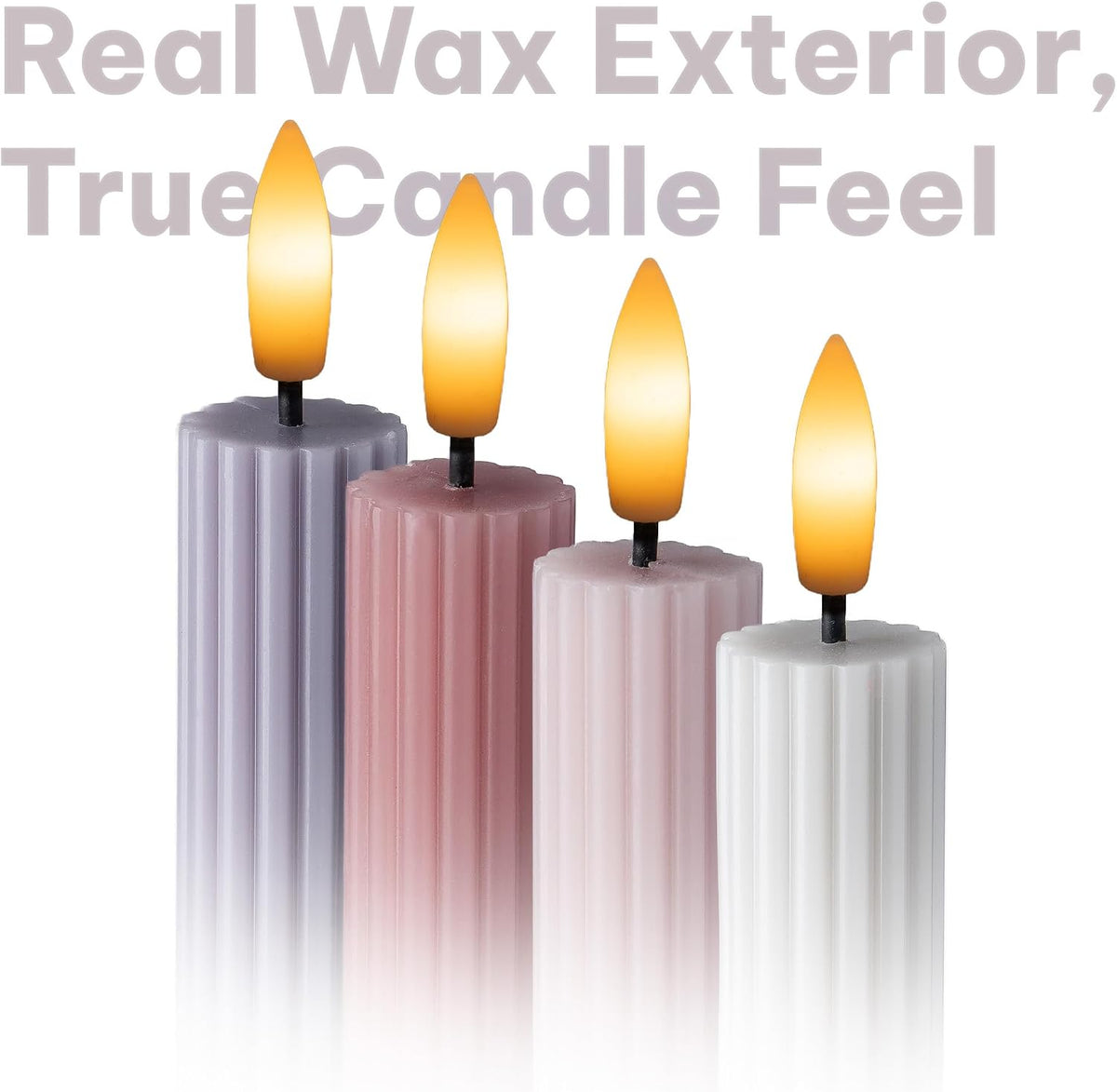 Coordinated Dusty Mauve Pinkish Lilac 4 Pack, 10" Real Wax LED Flameless Fluted Ribbed Grooved Taper Candles, Remote & Timer Memory, On/Off Button, Dimmable, Battery Operated, Menorah Wedding