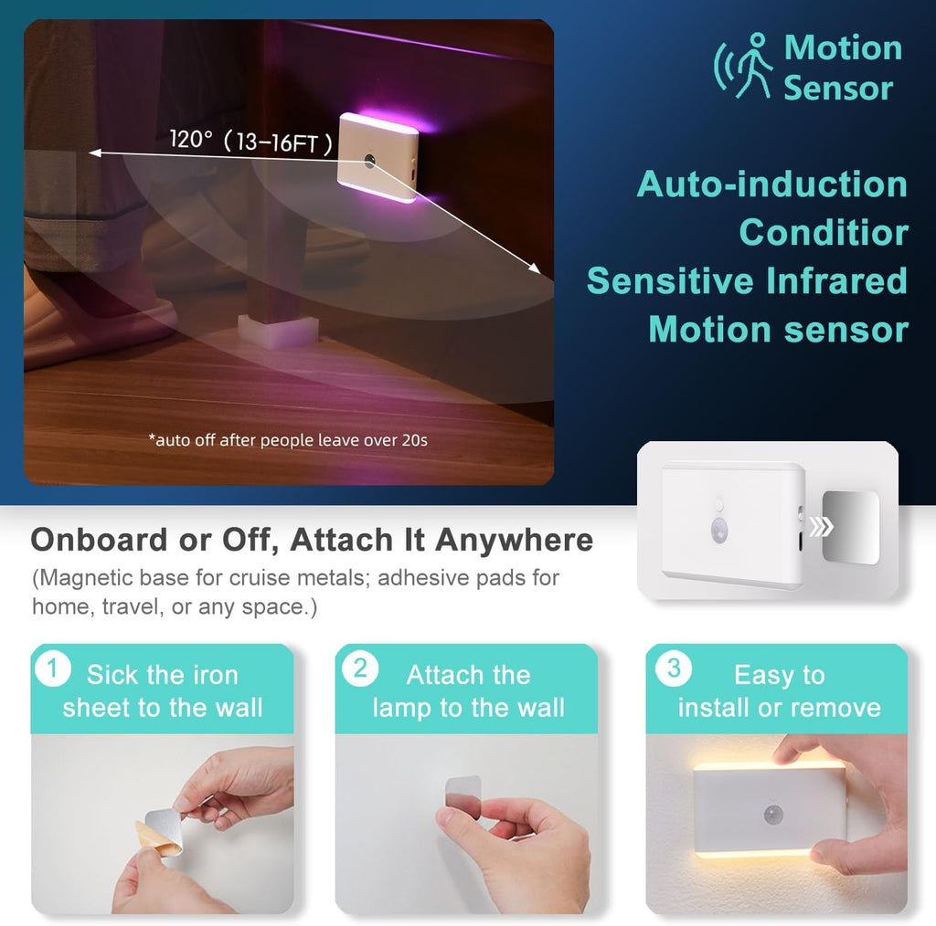 4-Pack Motion Sensor Night Light – Cruise Approved, Magnetic & Rechargeable with USB, RGB Color-Changing Modes, LED Auto Nightlight for Cabin, Bathroom, Hallway, Bed or Stairs (Indoor Travel Use)