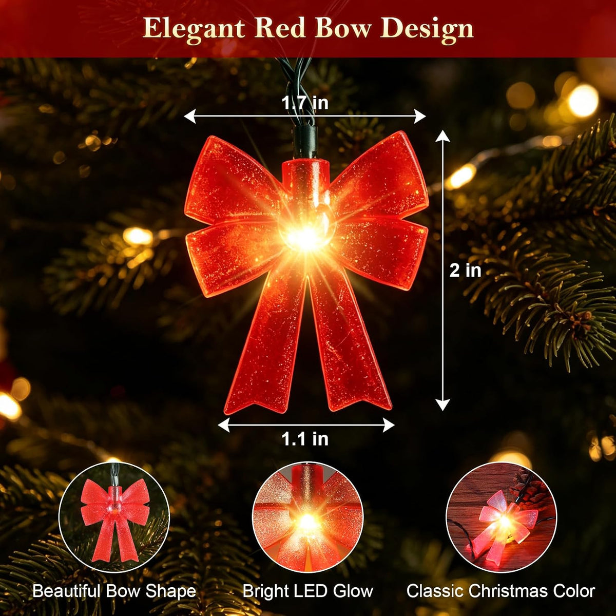 Battery Operated 15FT Christmas Bow 30LED Outdoor Fairy String Lights Red
