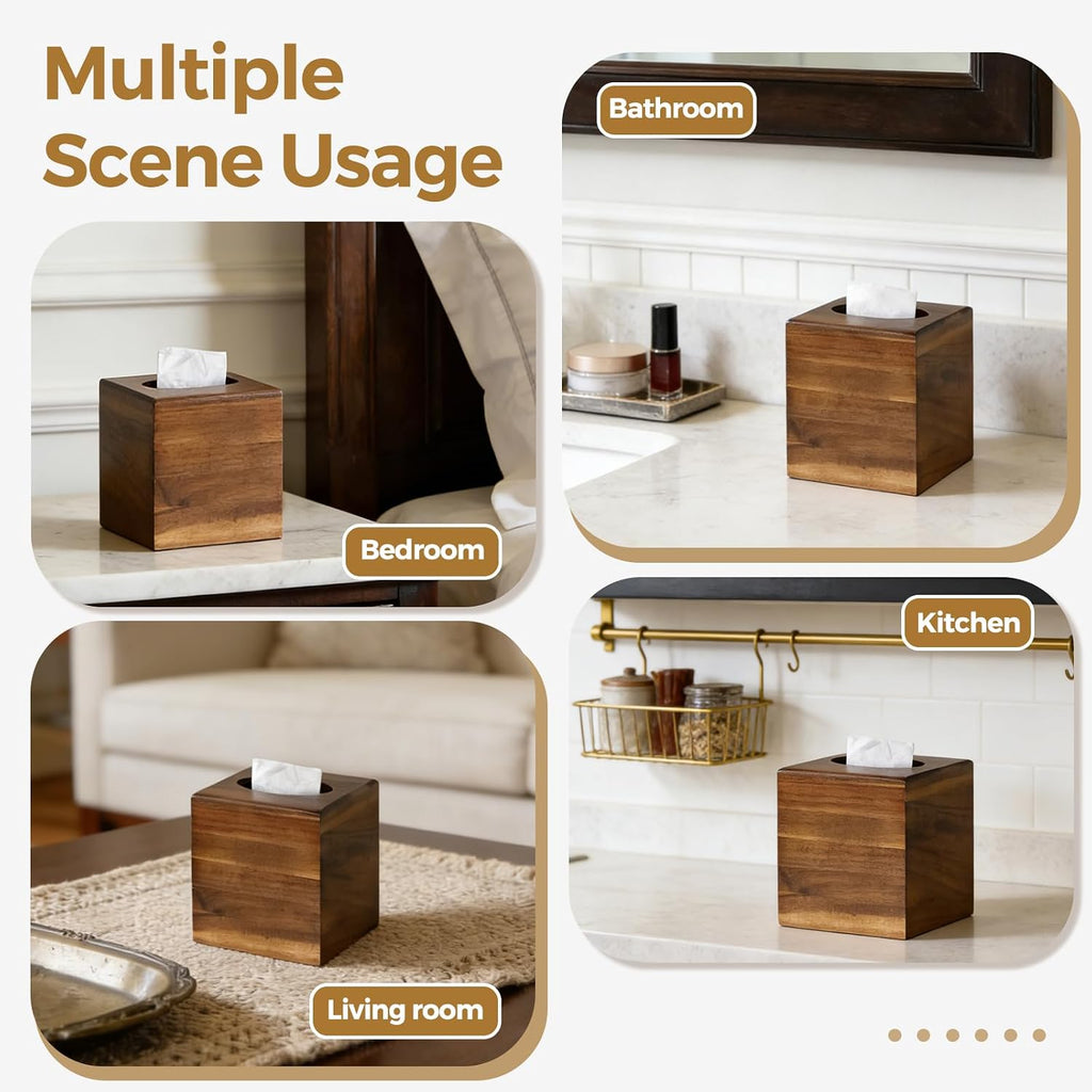 Wood Tissue Box Cover， Acacia Wood Tissue Box Cover Square, Decorative Cube Facial Wooden Tissue Box Holder with Slide-Out Bottom for Bathroom, Bedroom, Dinner Table, Office, Kitchen